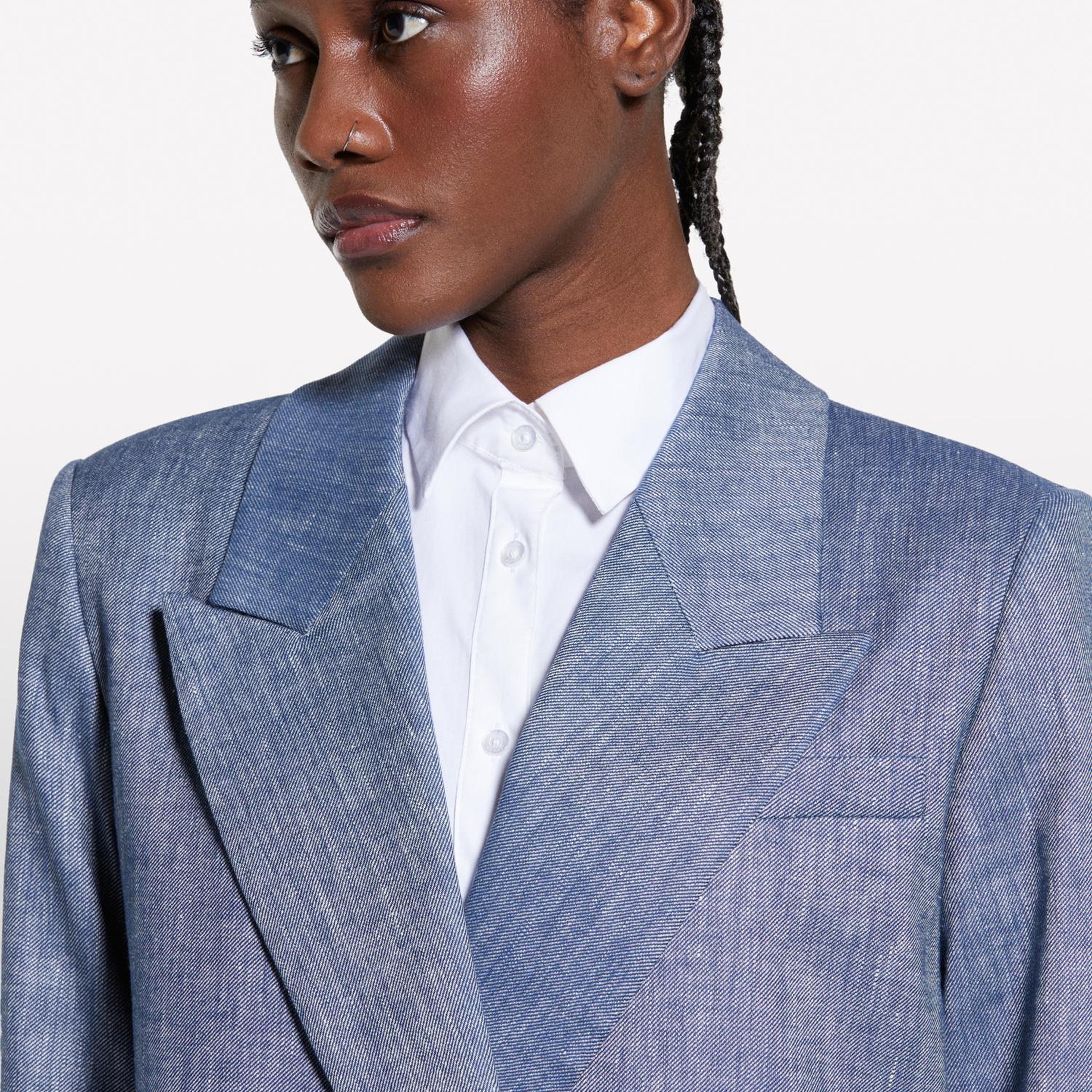 Kadın İndigo Keten Karışımlı Kruvaze Comfort Fit Blazer Ceket