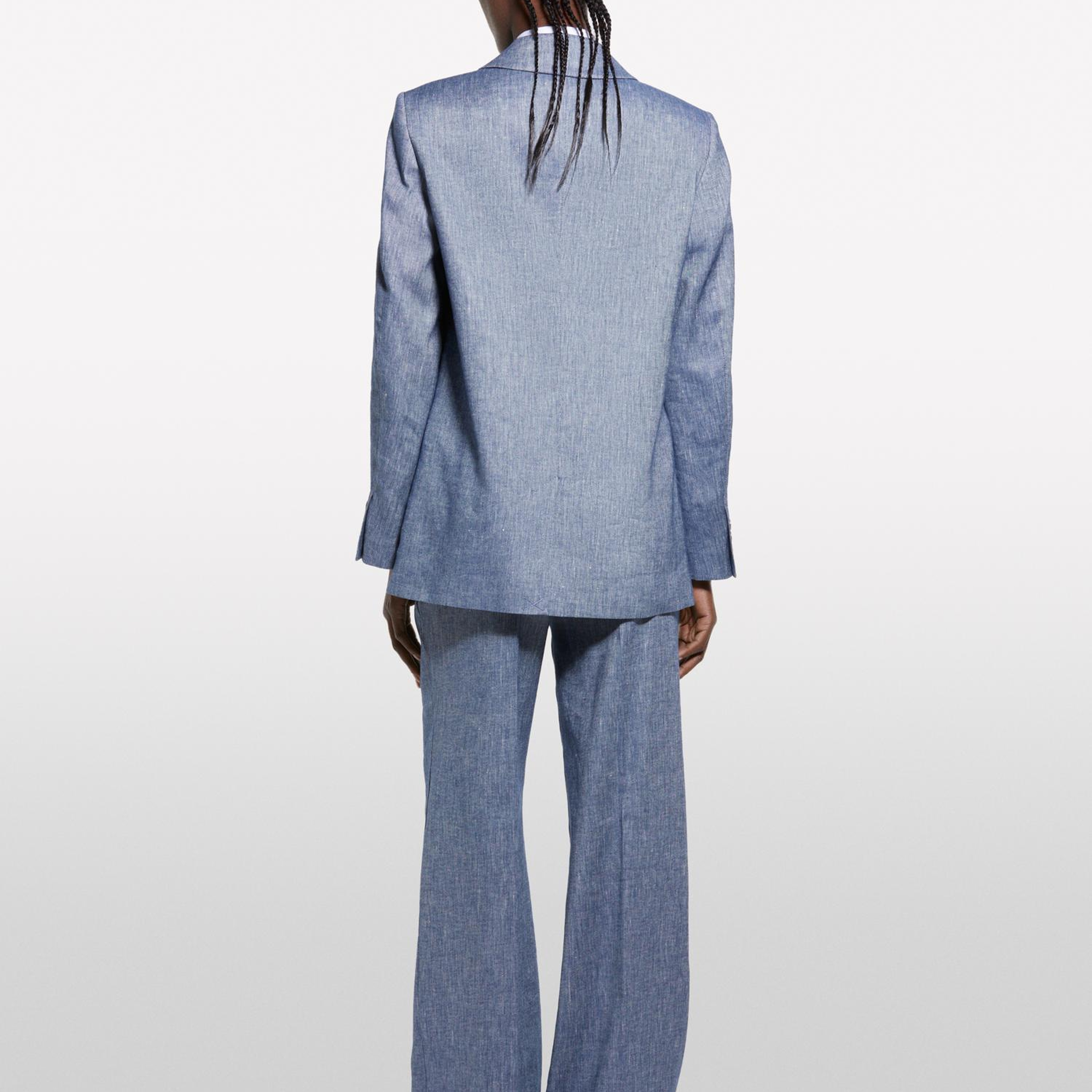 Kadın İndigo Keten Karışımlı Kruvaze Comfort Fit Blazer Ceket