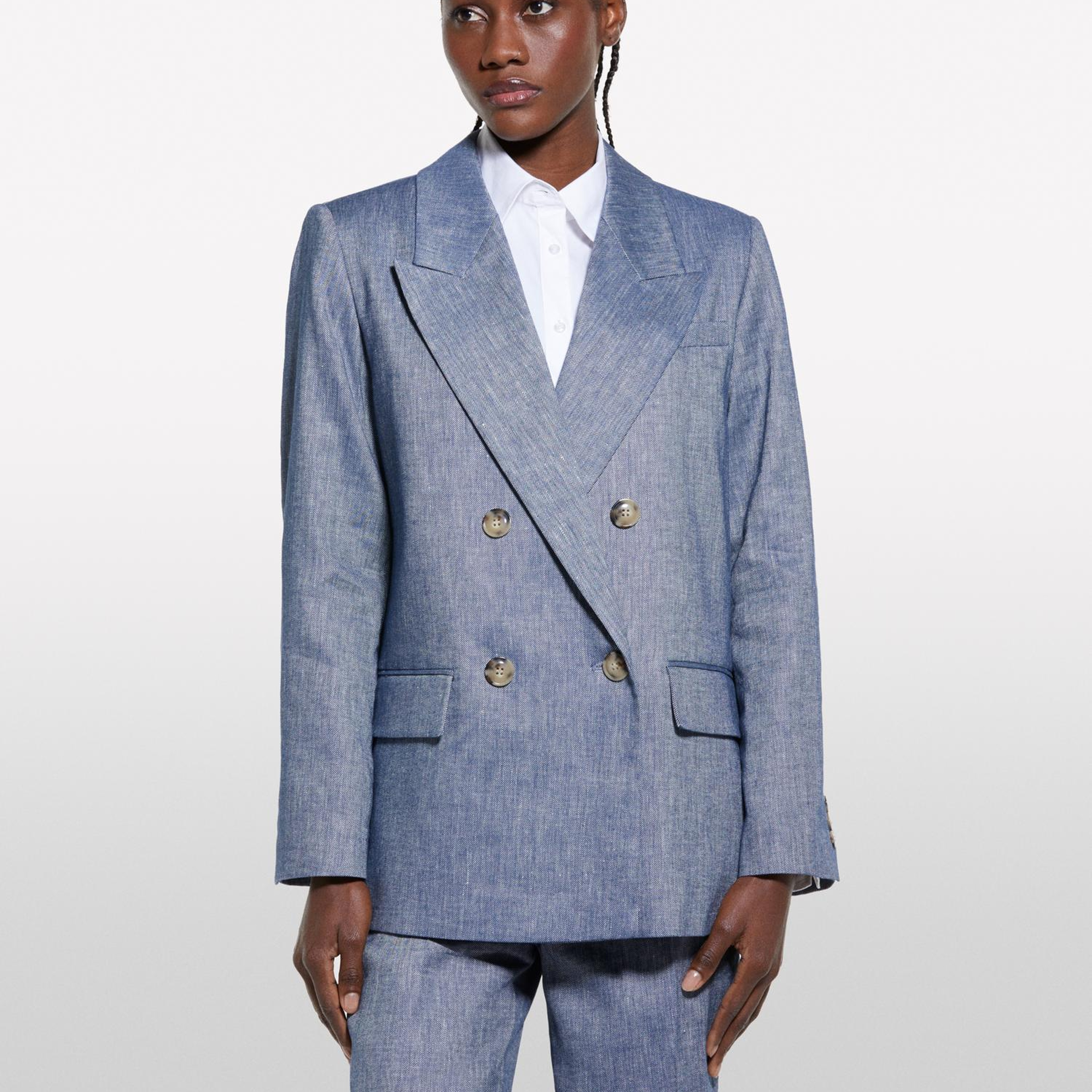 Kadın İndigo Keten Karışımlı Kruvaze Comfort Fit Blazer Ceket