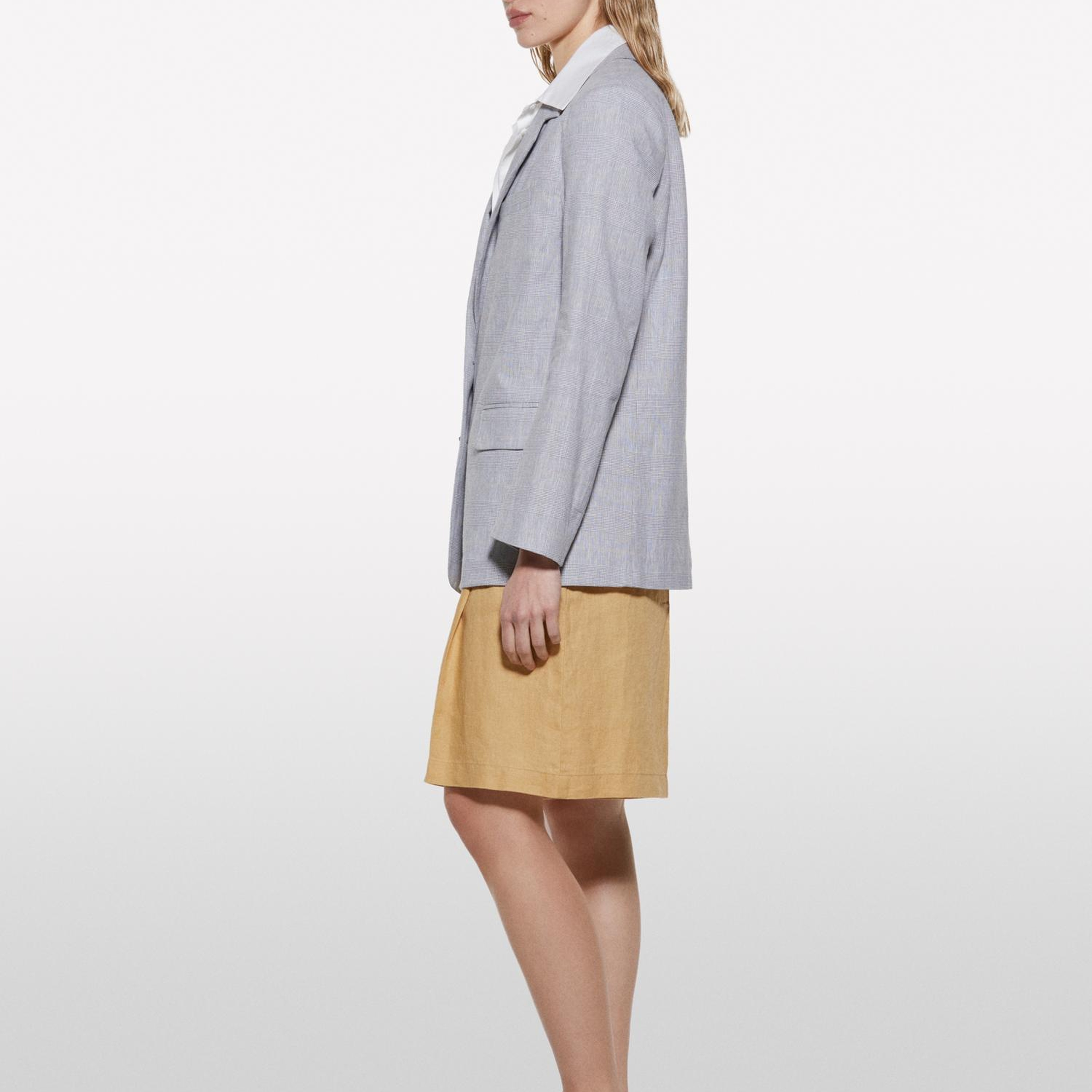 Kadın Gri Keten Karışımlı Düğmeli Blazer Ceket