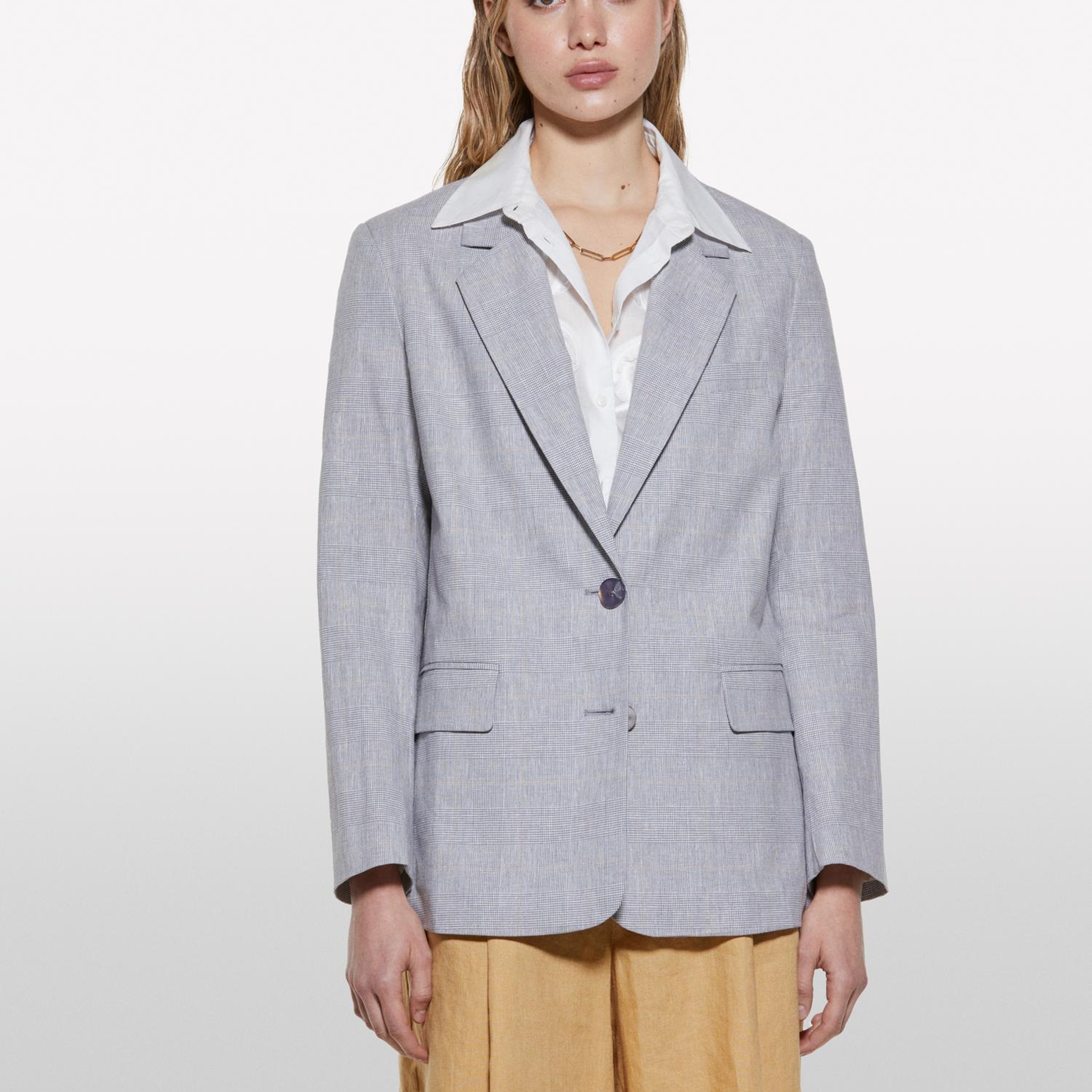 Kadın Gri Keten Karışımlı Düğmeli Blazer Ceket