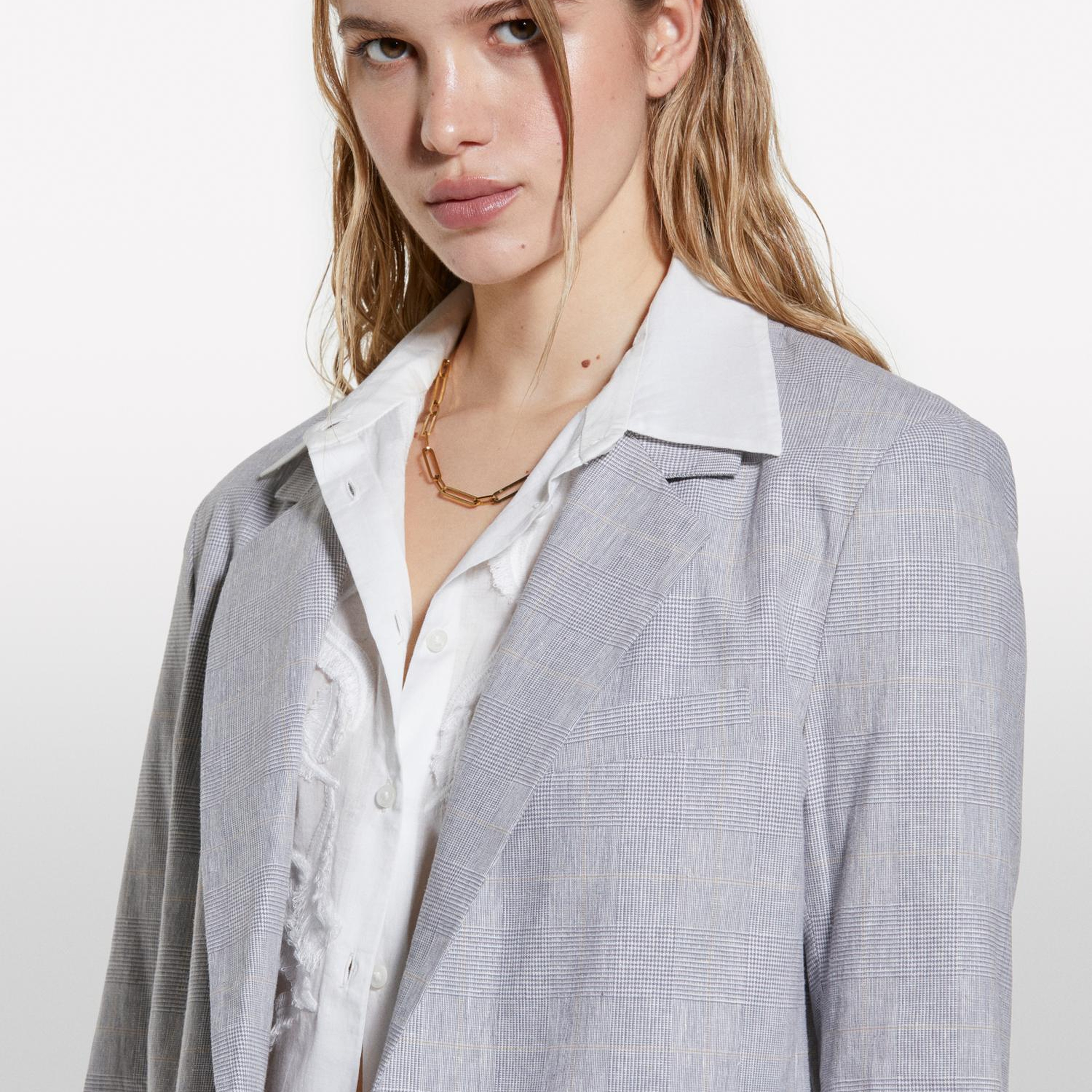 Kadın Gri Keten Karışımlı Düğmeli Blazer Ceket