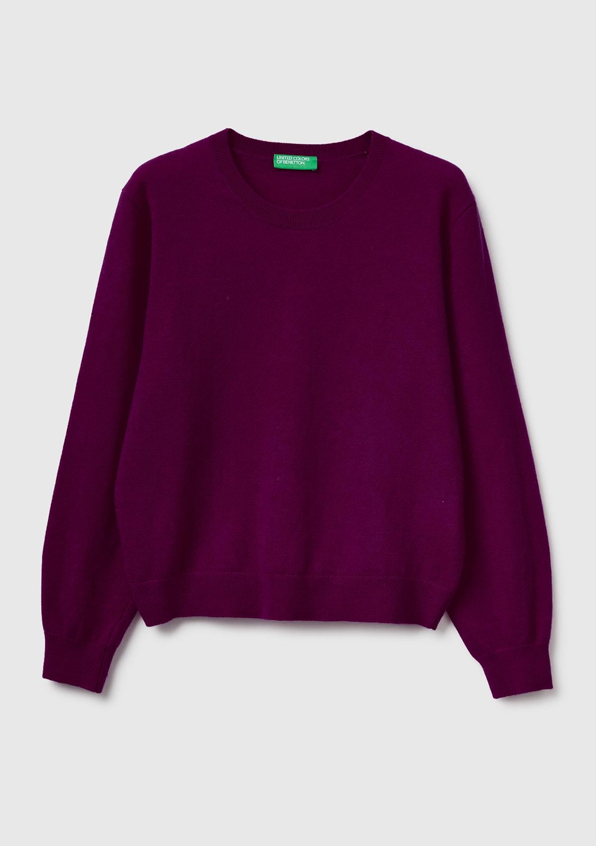 Kadın Mürdüm %100 Merino Ribana Detaylı Bisiklet Yaka Kazak