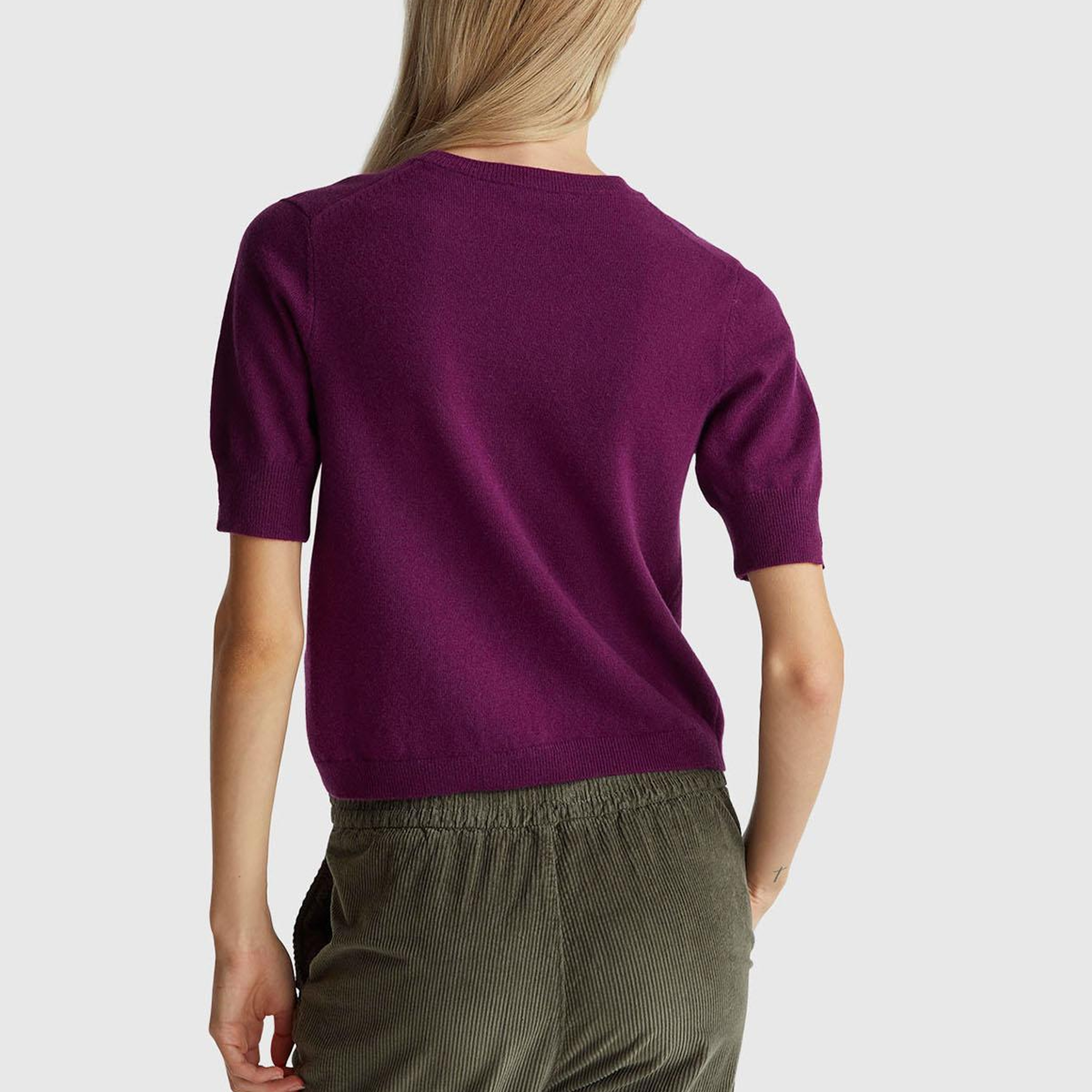 Kadın Mürdüm %100 Merino Bisiklet Yaka Kısa Kollu Kazak