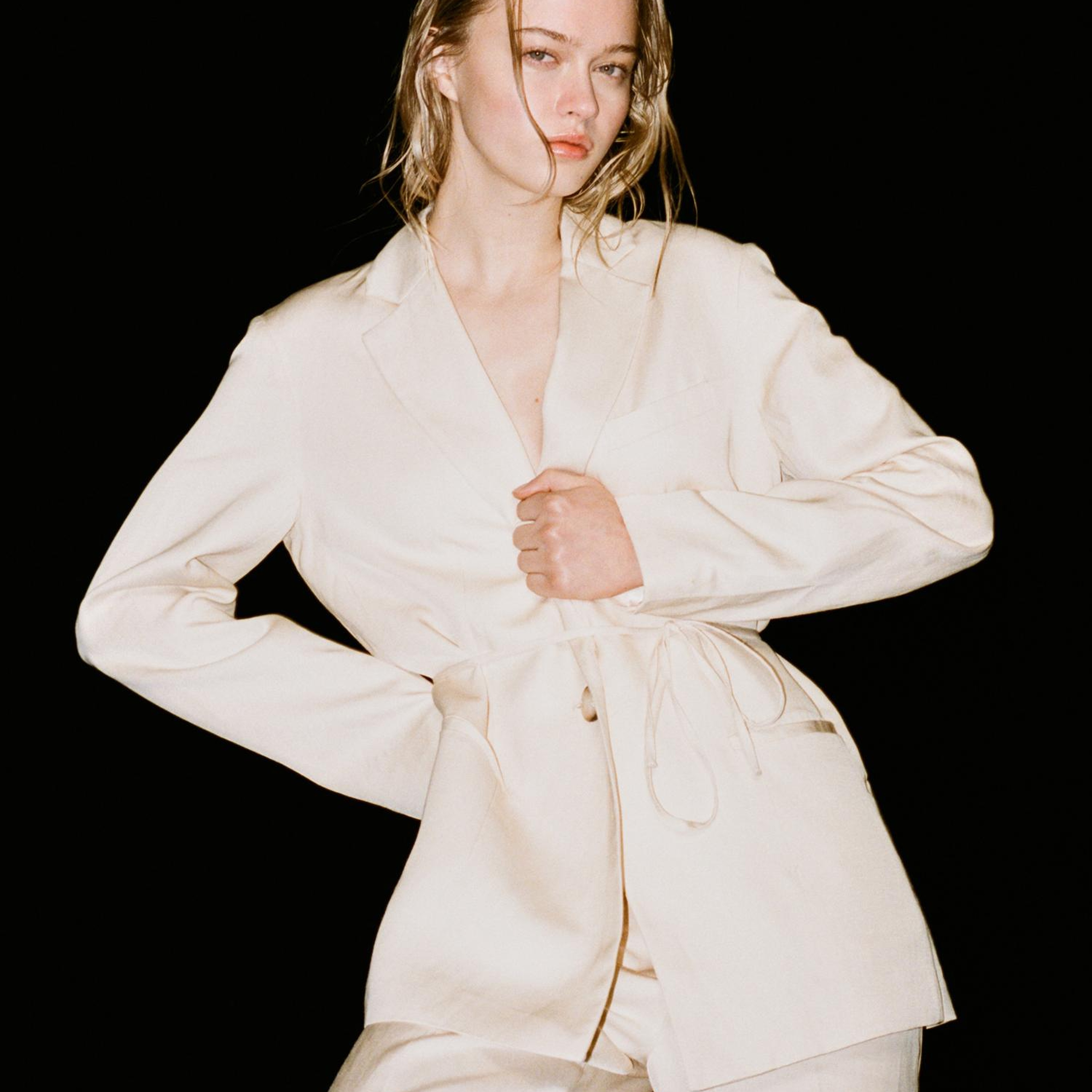 Kadın Şampanya Keten Karışımlı Bağlamalı Oversize Blazer Ceket