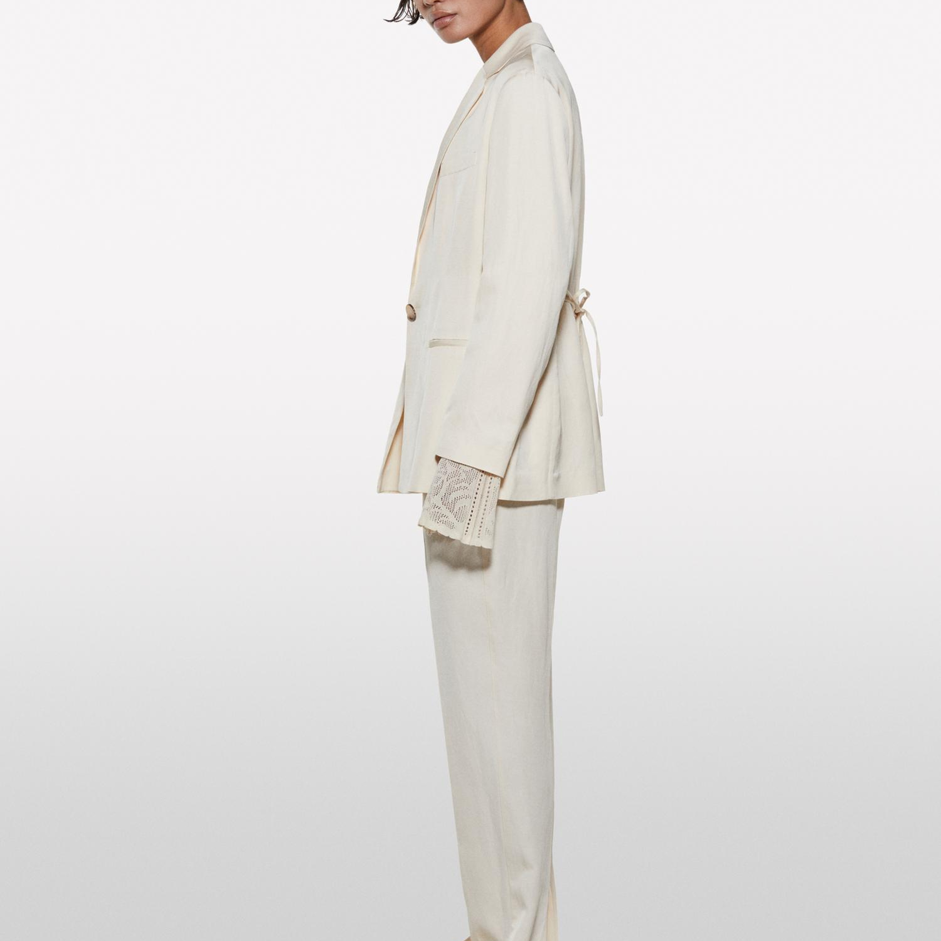 Kadın Şampanya Keten Karışımlı Bağlamalı Oversize Blazer Ceket