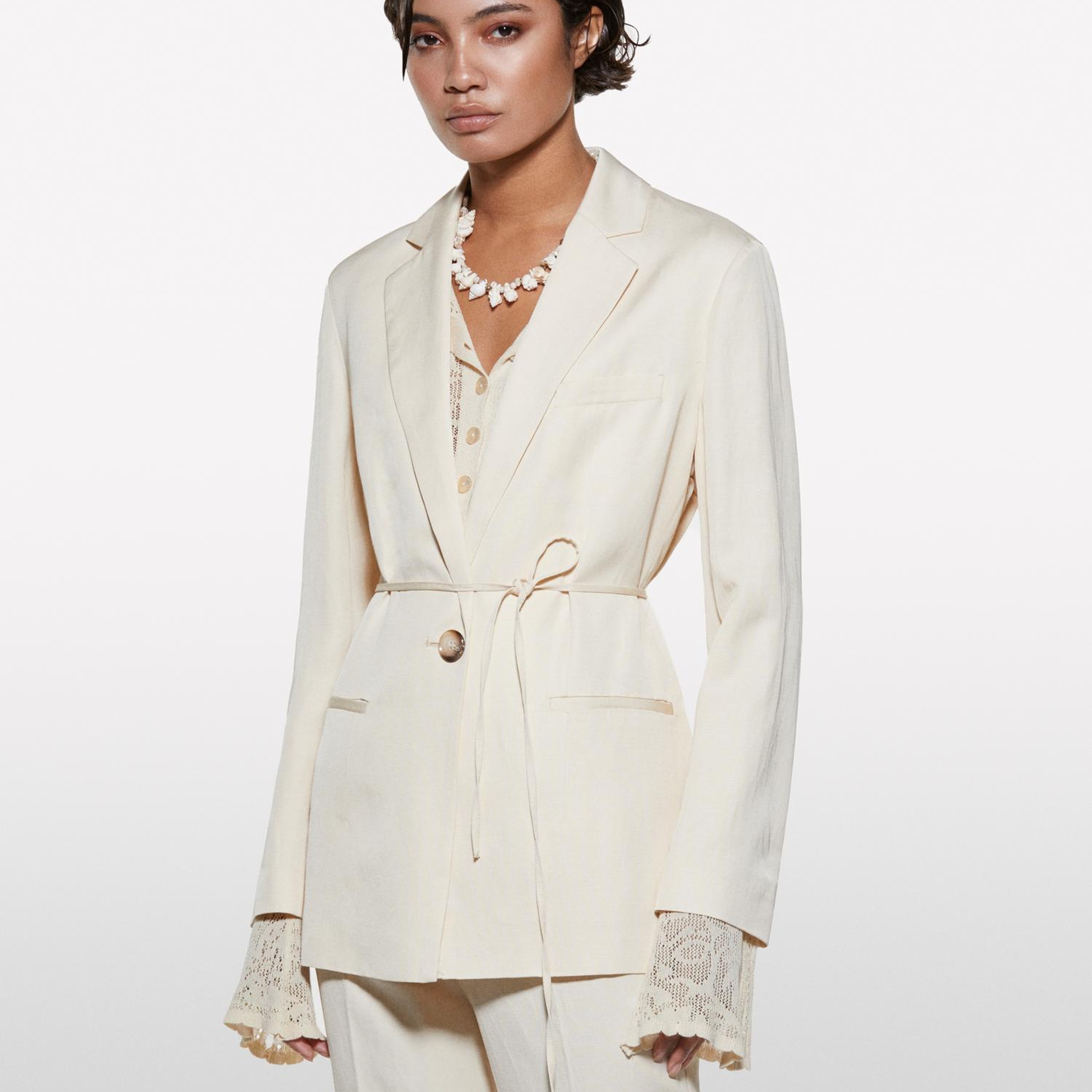 Kadın Şampanya Keten Karışımlı Bağlamalı Oversize Blazer Ceket