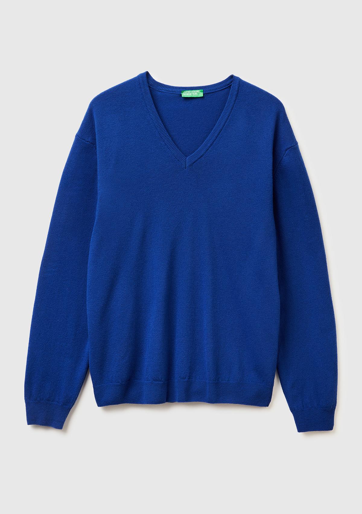 Erkek Koyu Mavi V Yaka %100 Merino Kazak