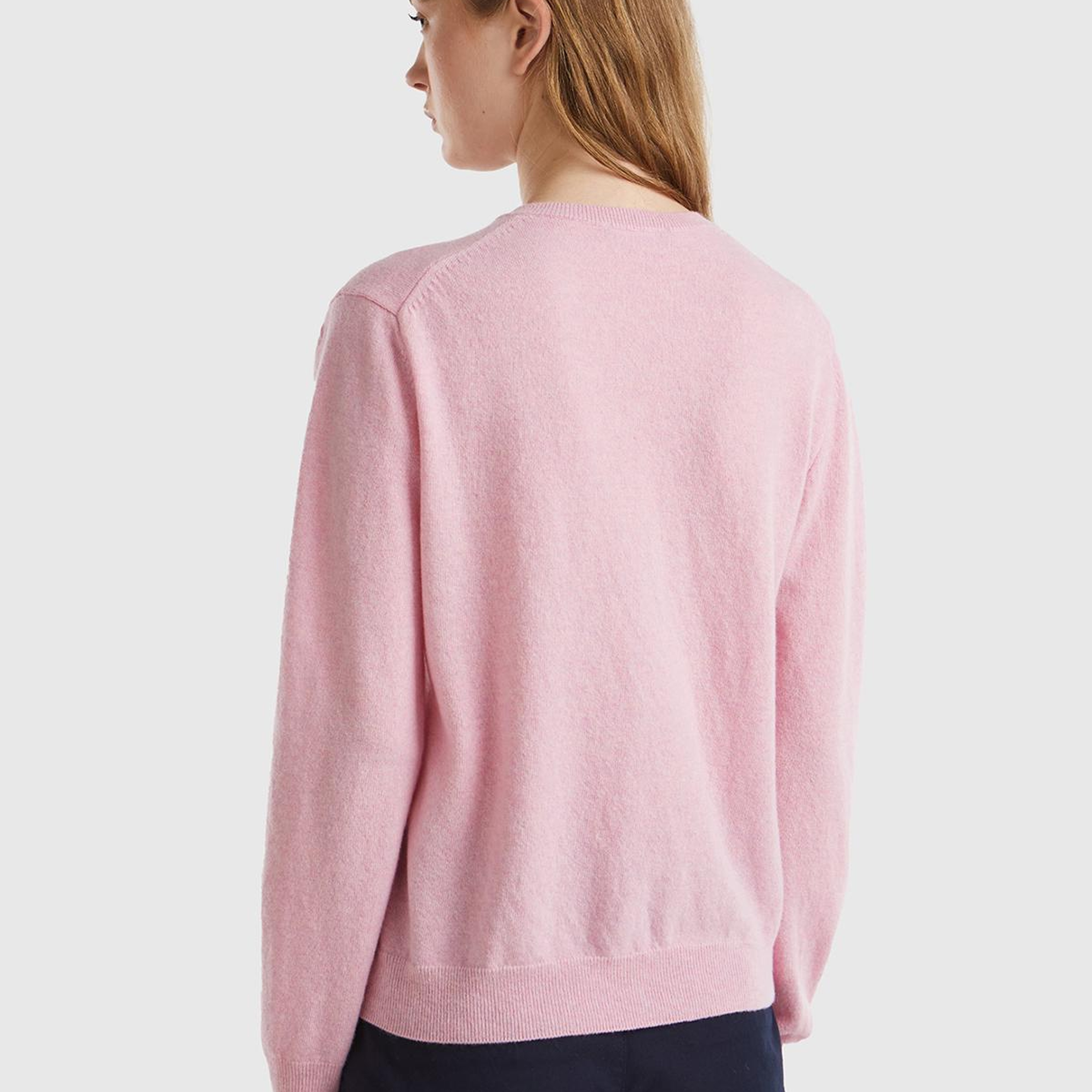 Kadın Açık Pembe %100 Merino Bisiklet Yaka Hırka