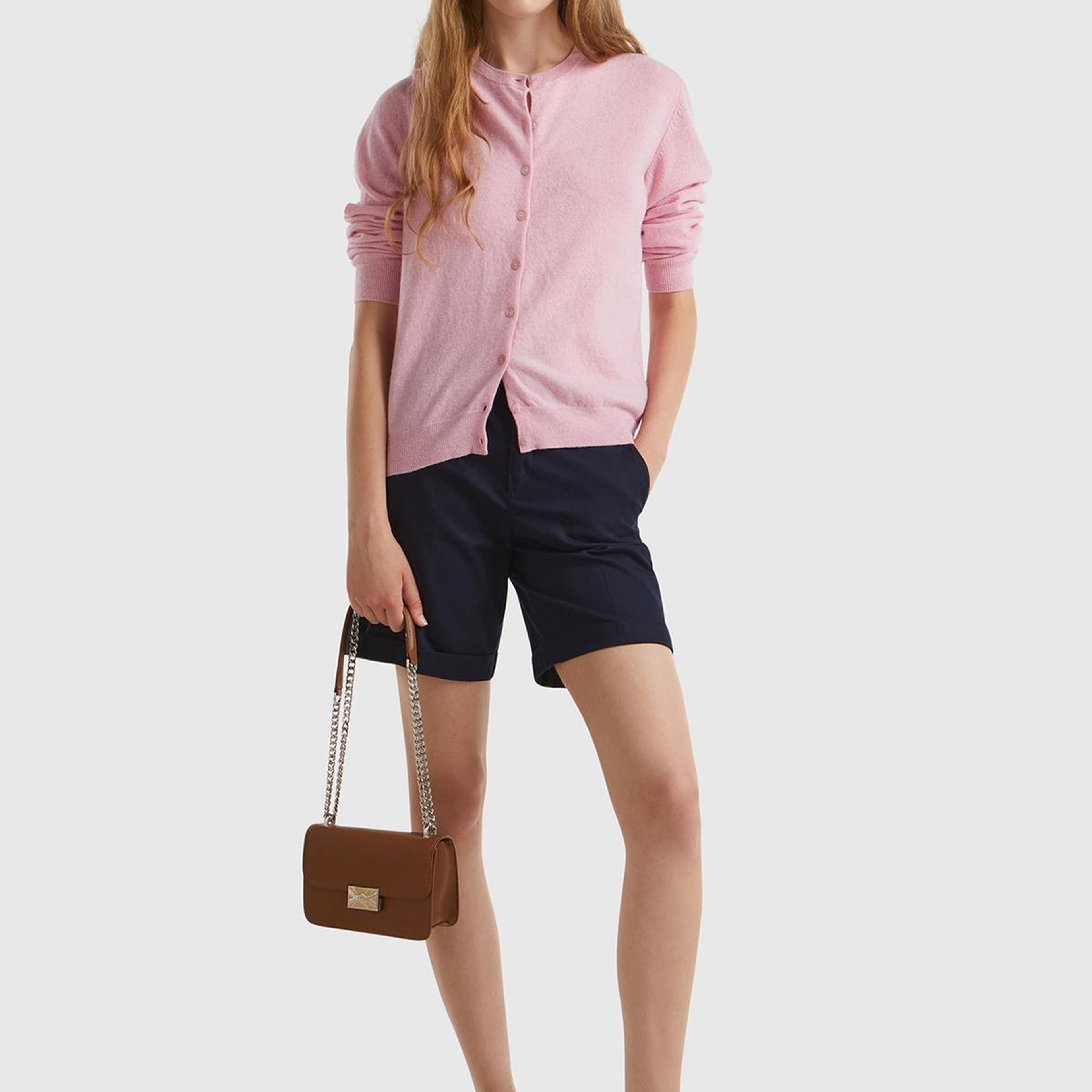 Kadın Açık Pembe %100 Merino Bisiklet Yaka Hırka