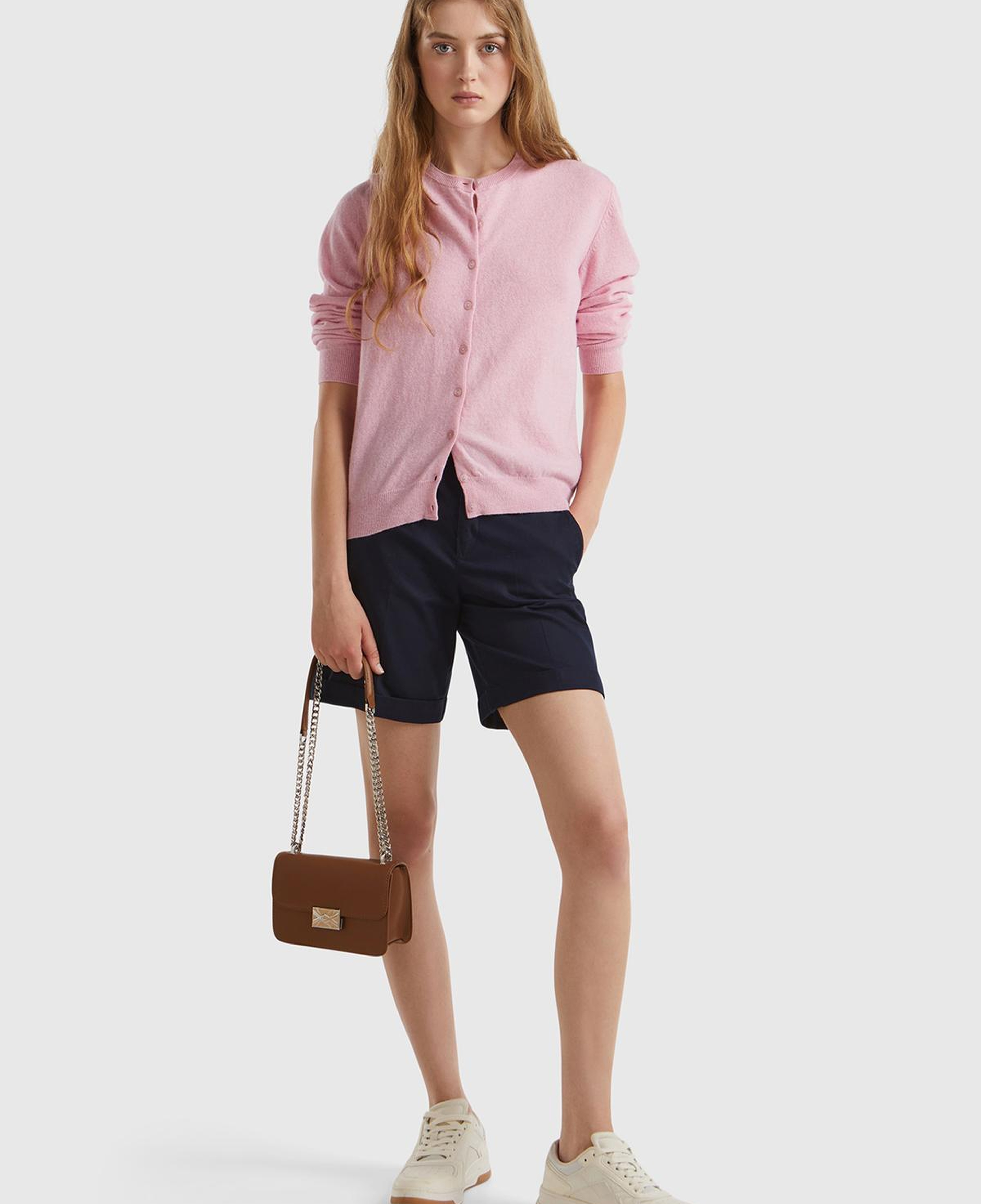 Kadın Açık Pembe %100 Merino Bisiklet Yaka Hırka