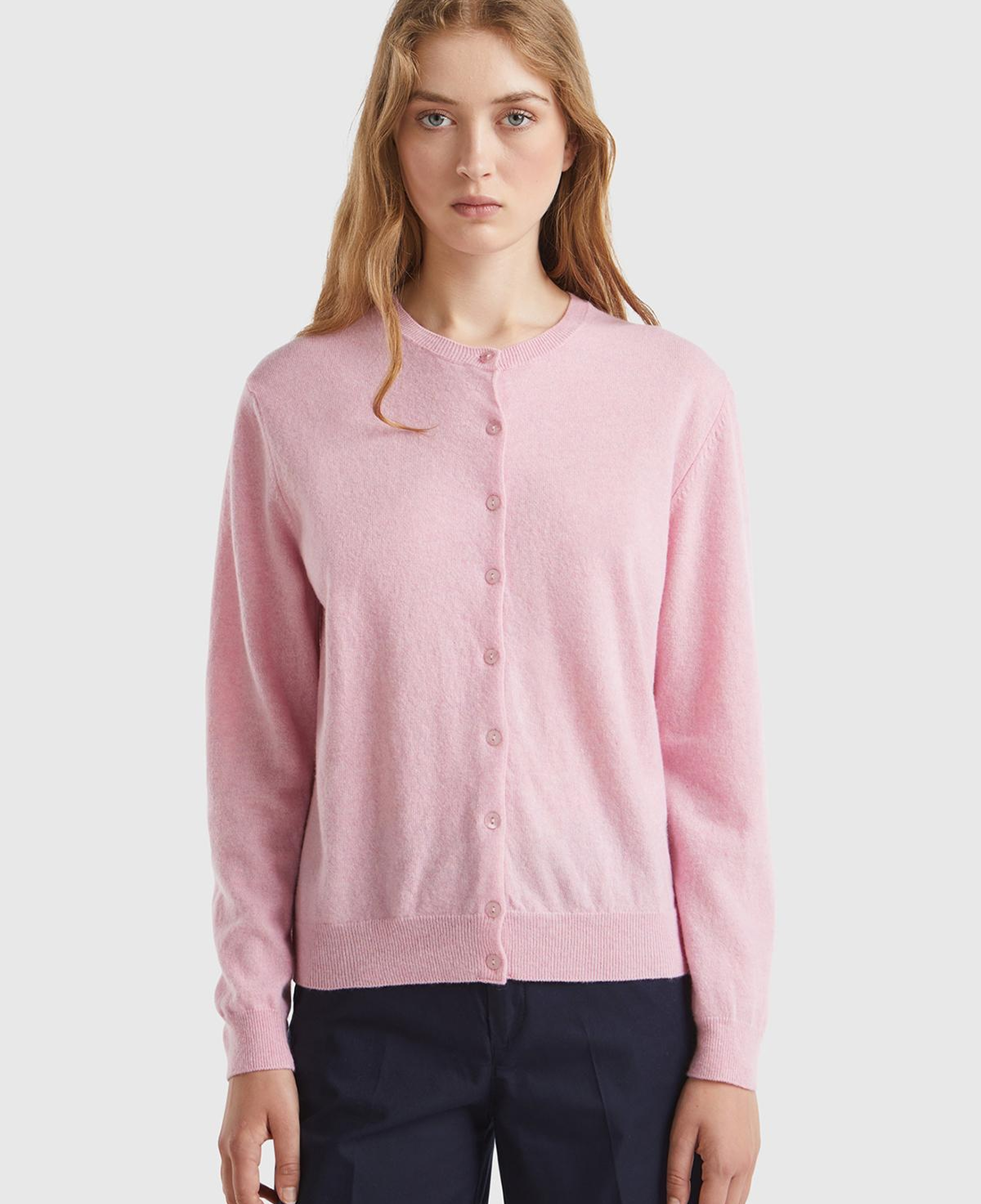 Kadın Açık Pembe %100 Merino Bisiklet Yaka Hırka