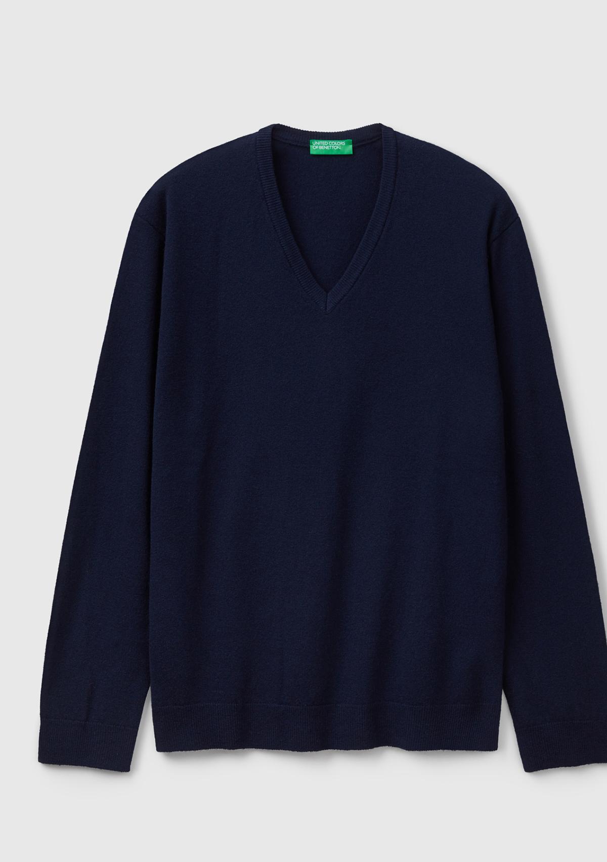 Erkek Lacivert V Yaka %100 Merino Kazak
