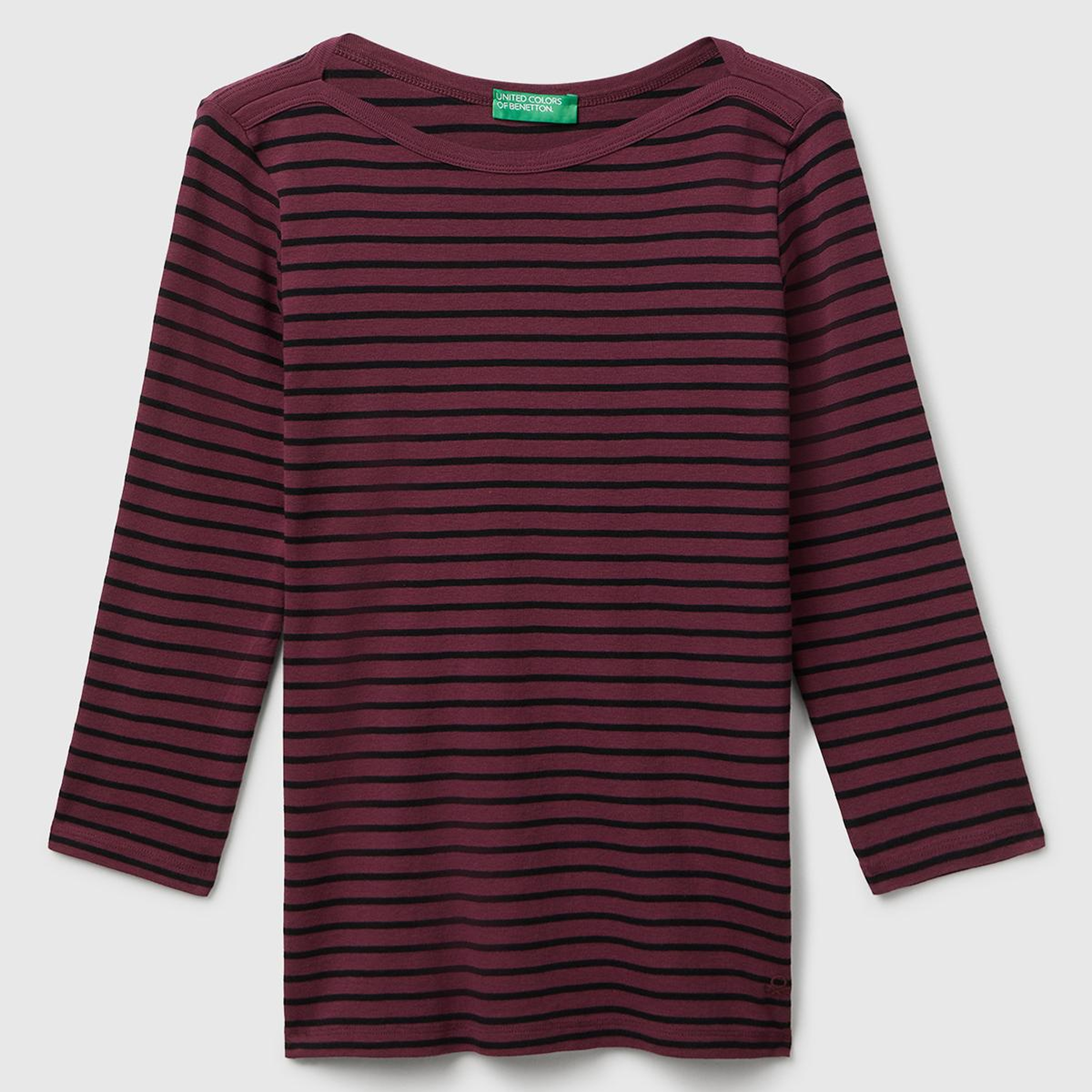 Kadın Mor %100 Pamuk Çizgili Logolu Kayık Yaka Truvakar Kol T-Shirt