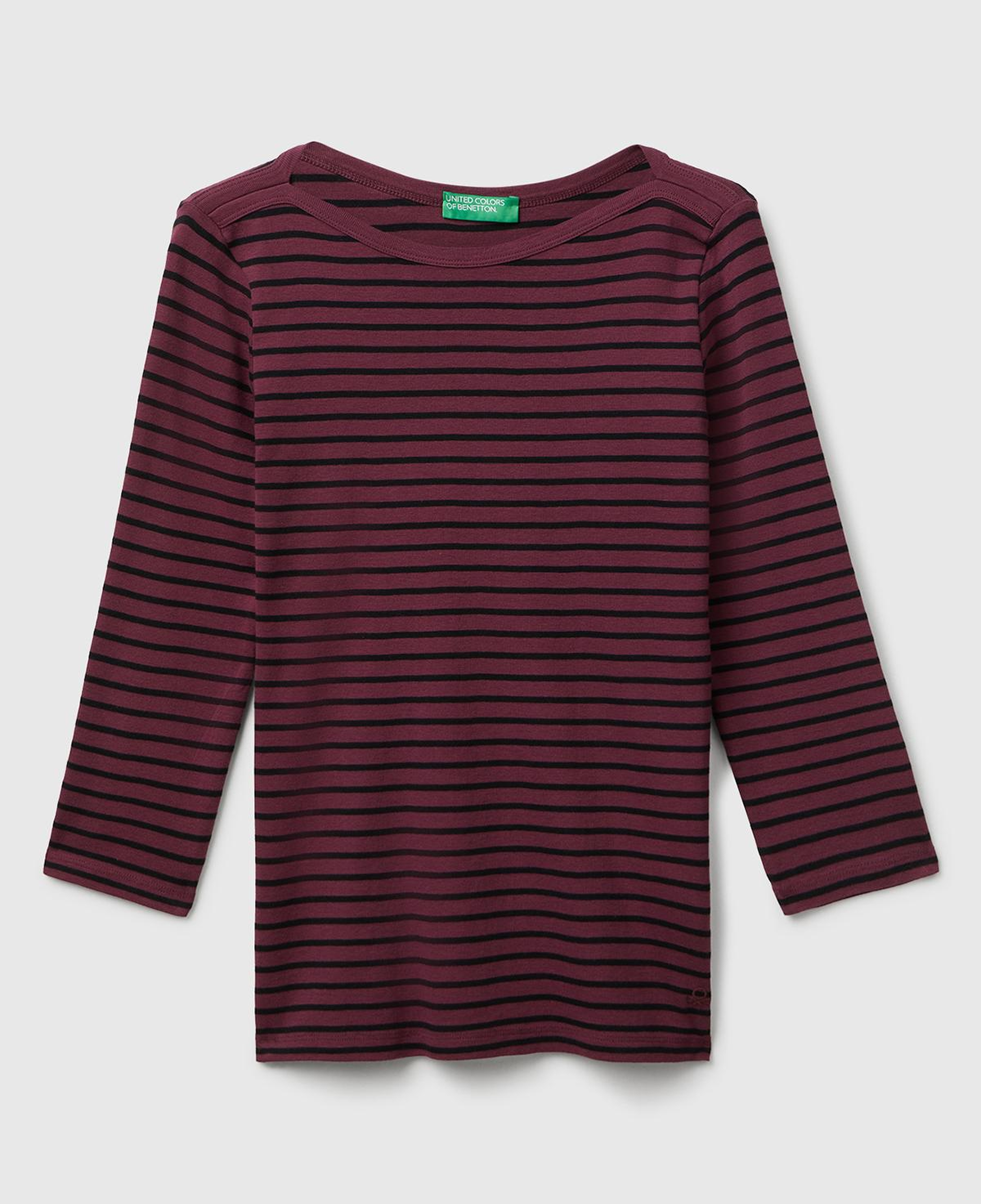 Kadın Mor %100 Pamuk Çizgili Logolu Kayık Yaka Truvakar Kol T-Shirt