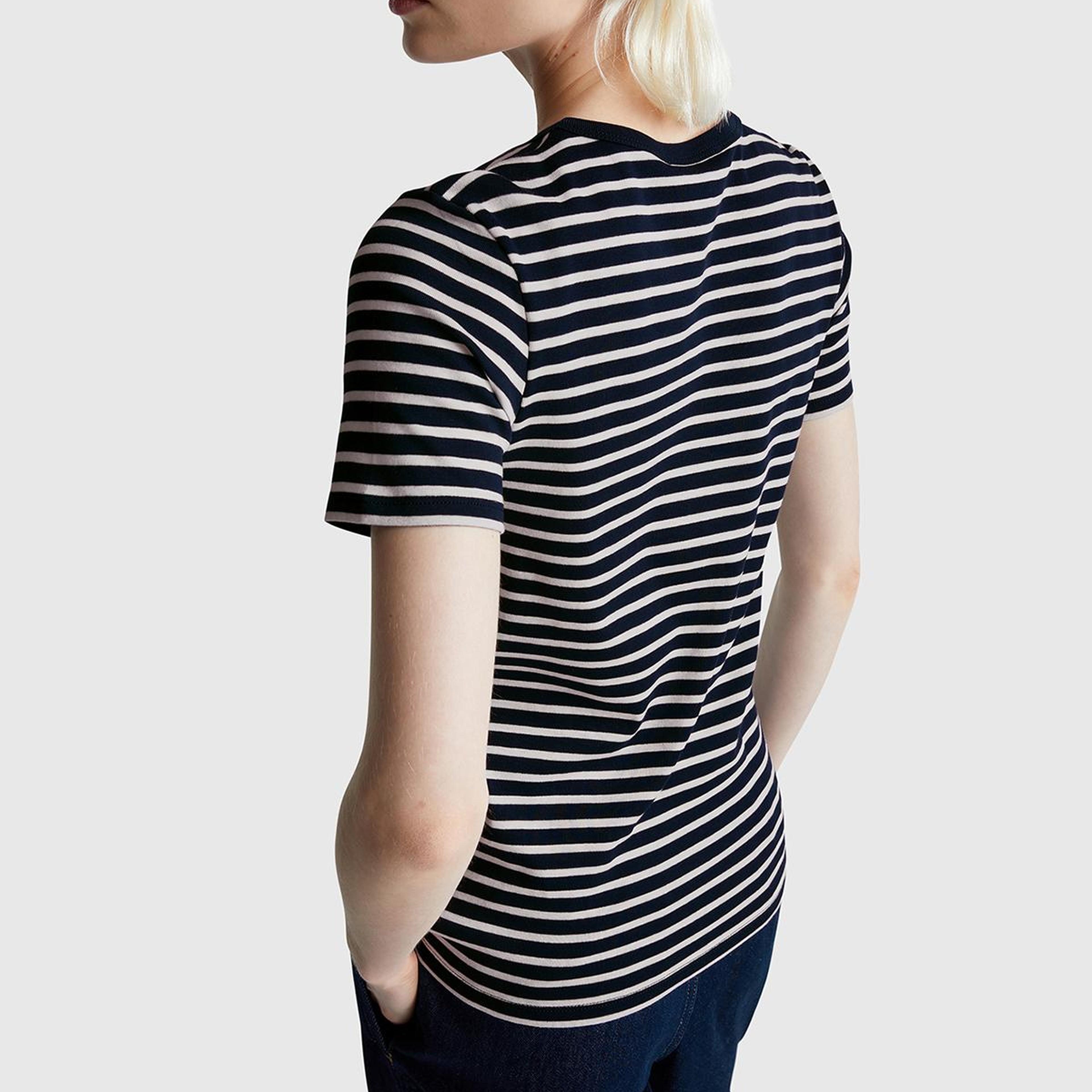 Kadın Lacivert %100 Pamuk Sol Altı Logolu Çizgili Bisiklet Yaka T-Shirt