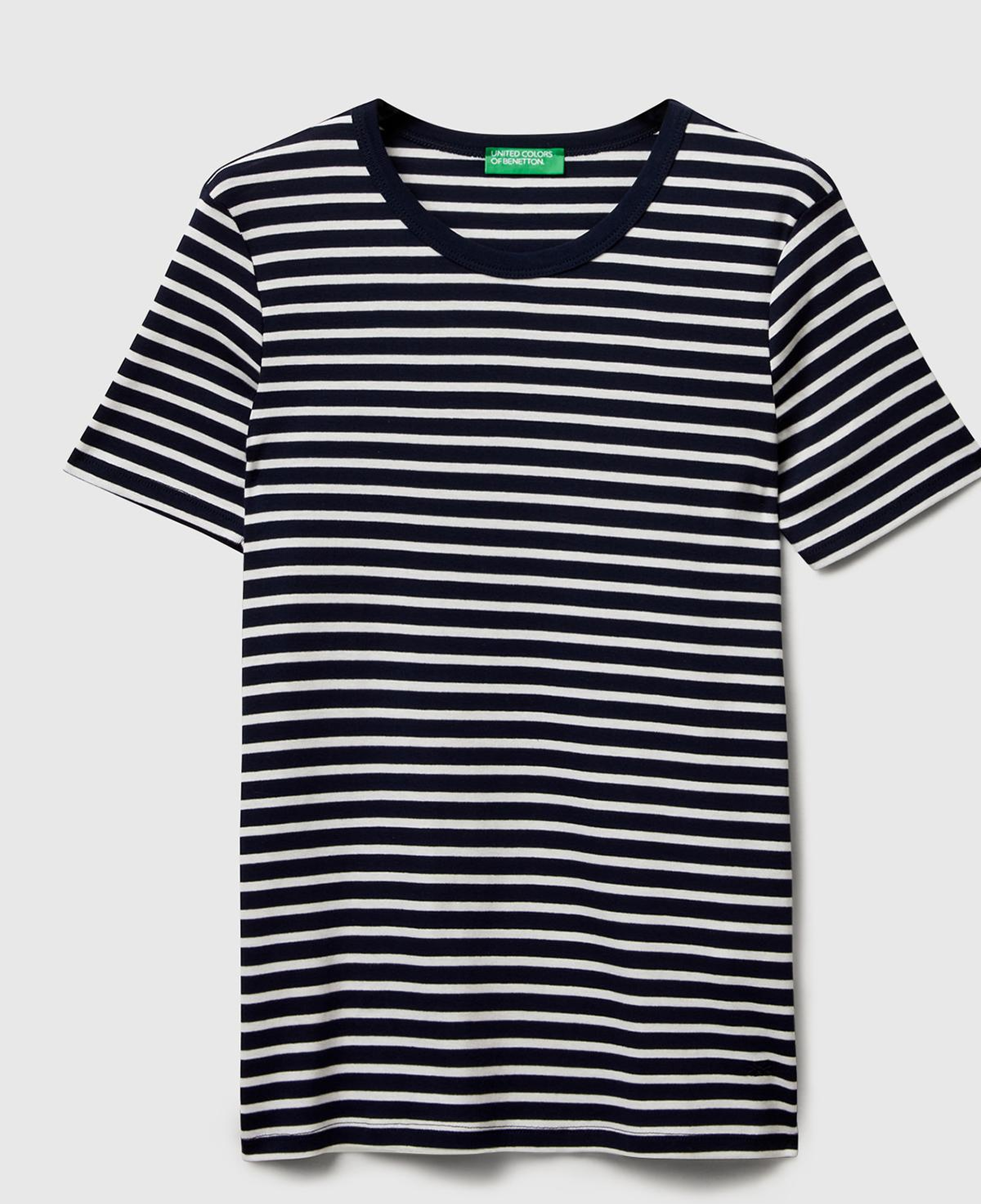 Kadın Lacivert %100 Pamuk Sol Altı Logolu Çizgili Bisiklet Yaka T-Shirt
