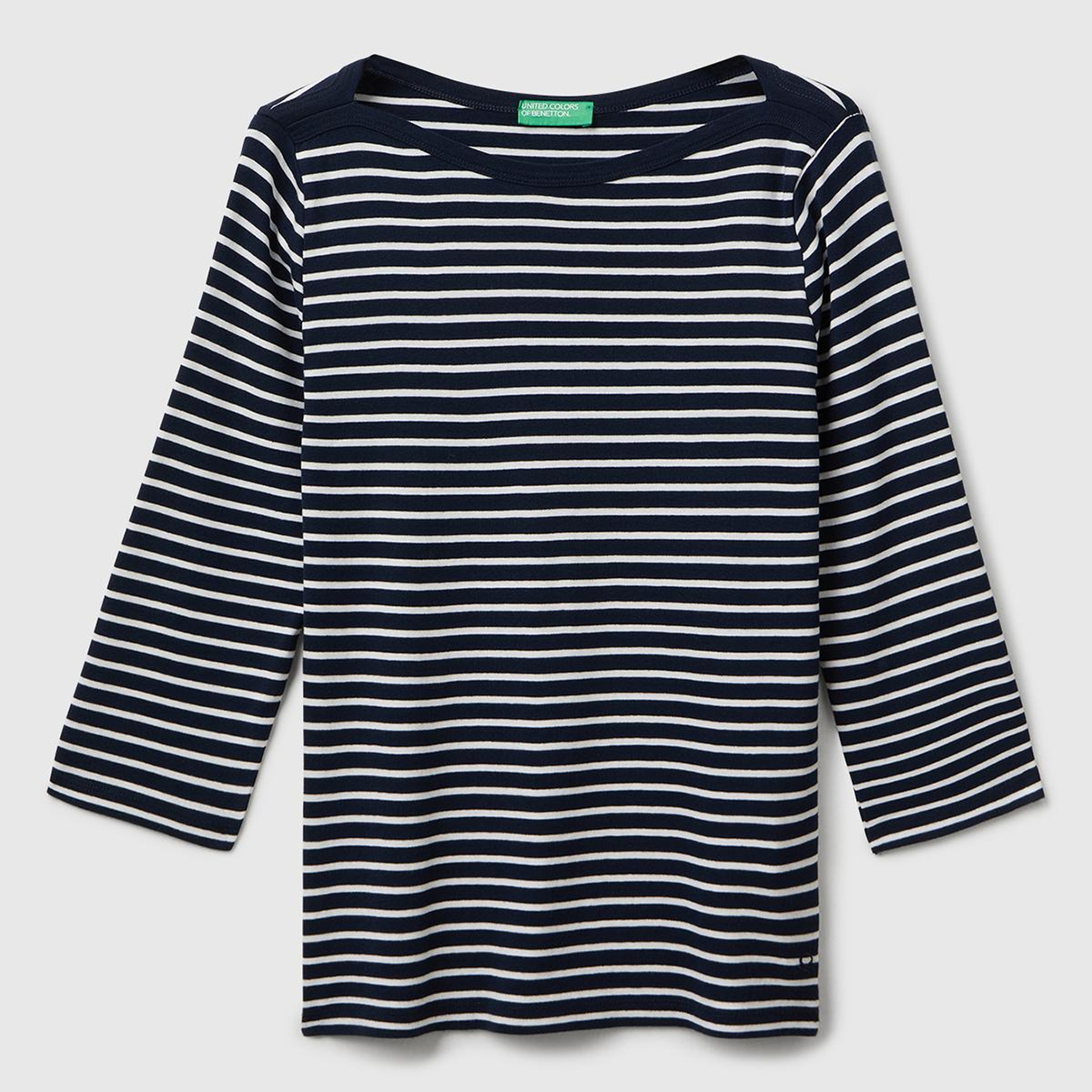 Kadın Lacivert %100 Pamuk Çizgili Logolu Kayık Yaka Truvakar Kol T-Shirt