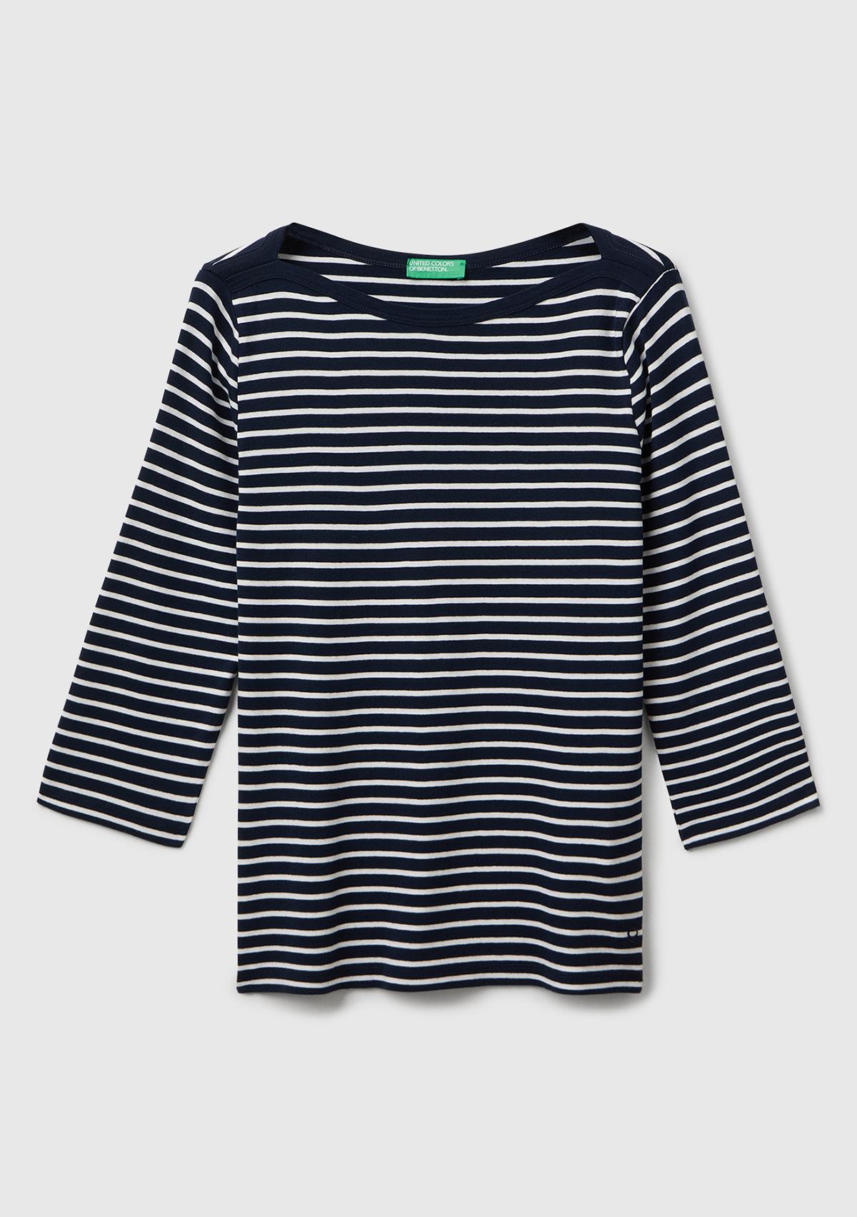Kadın Lacivert %100 Pamuk Çizgili Logolu Kayık Yaka Truvakar Kol T-Shirt