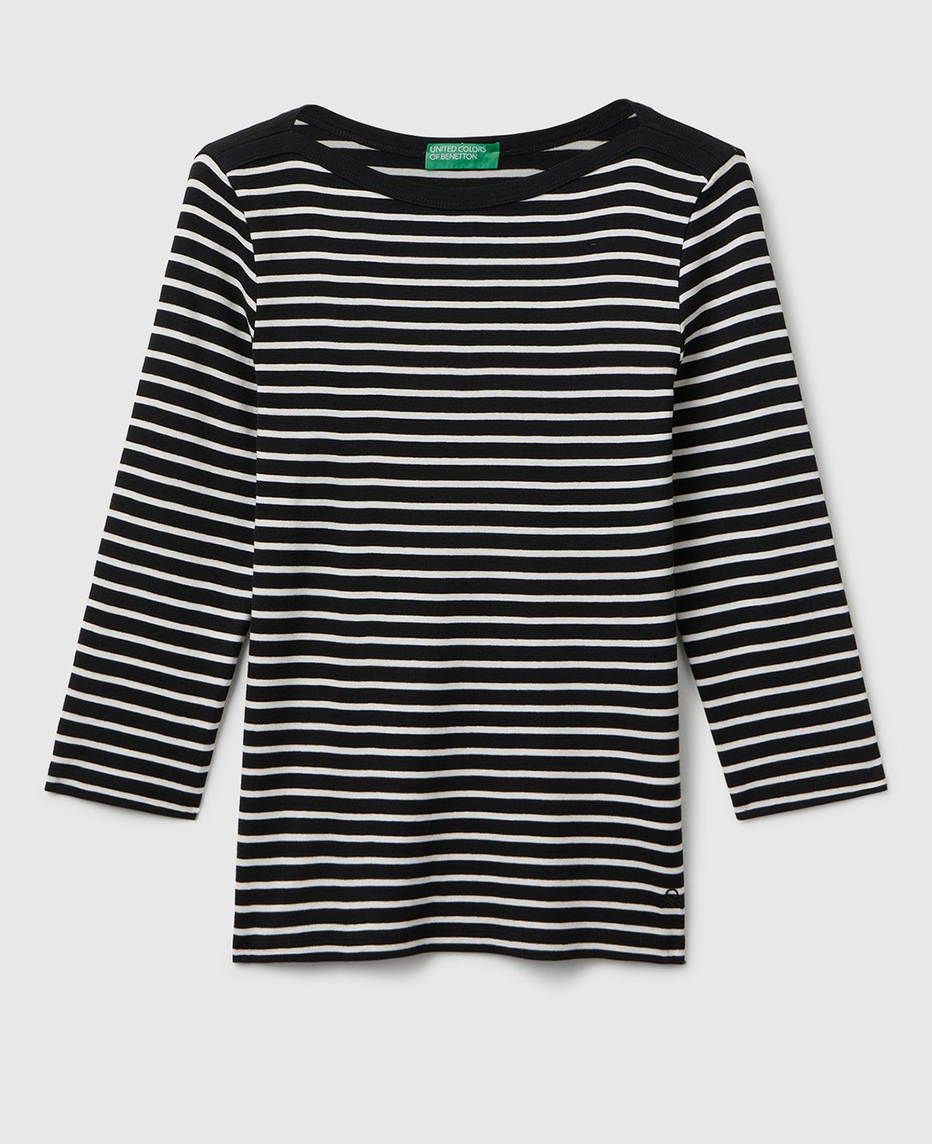 Kadın Sİyah %100 Pamuk Çizgili Logolu Kayık Yaka Truvakar Kol T-Shirt