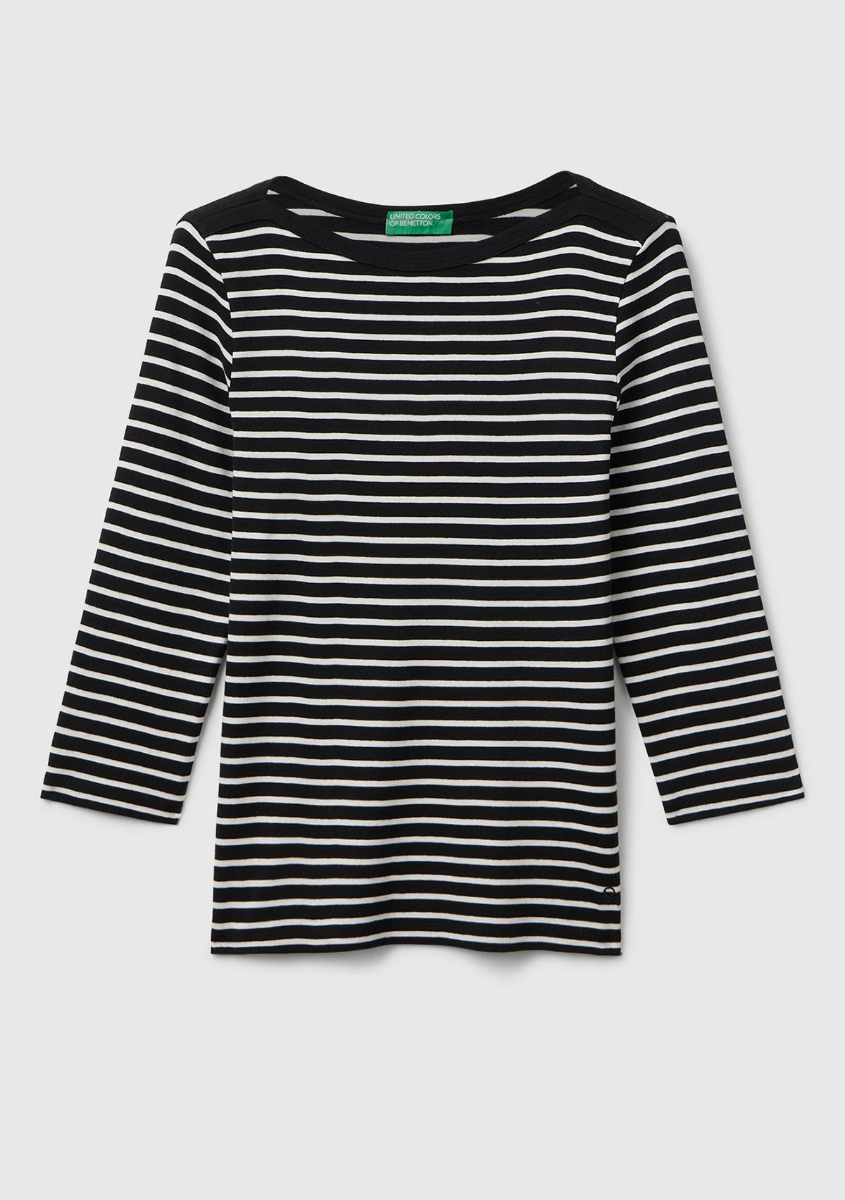 Kadın Sİyah %100 Pamuk Çizgili Logolu Kayık Yaka Truvakar Kol T-Shirt