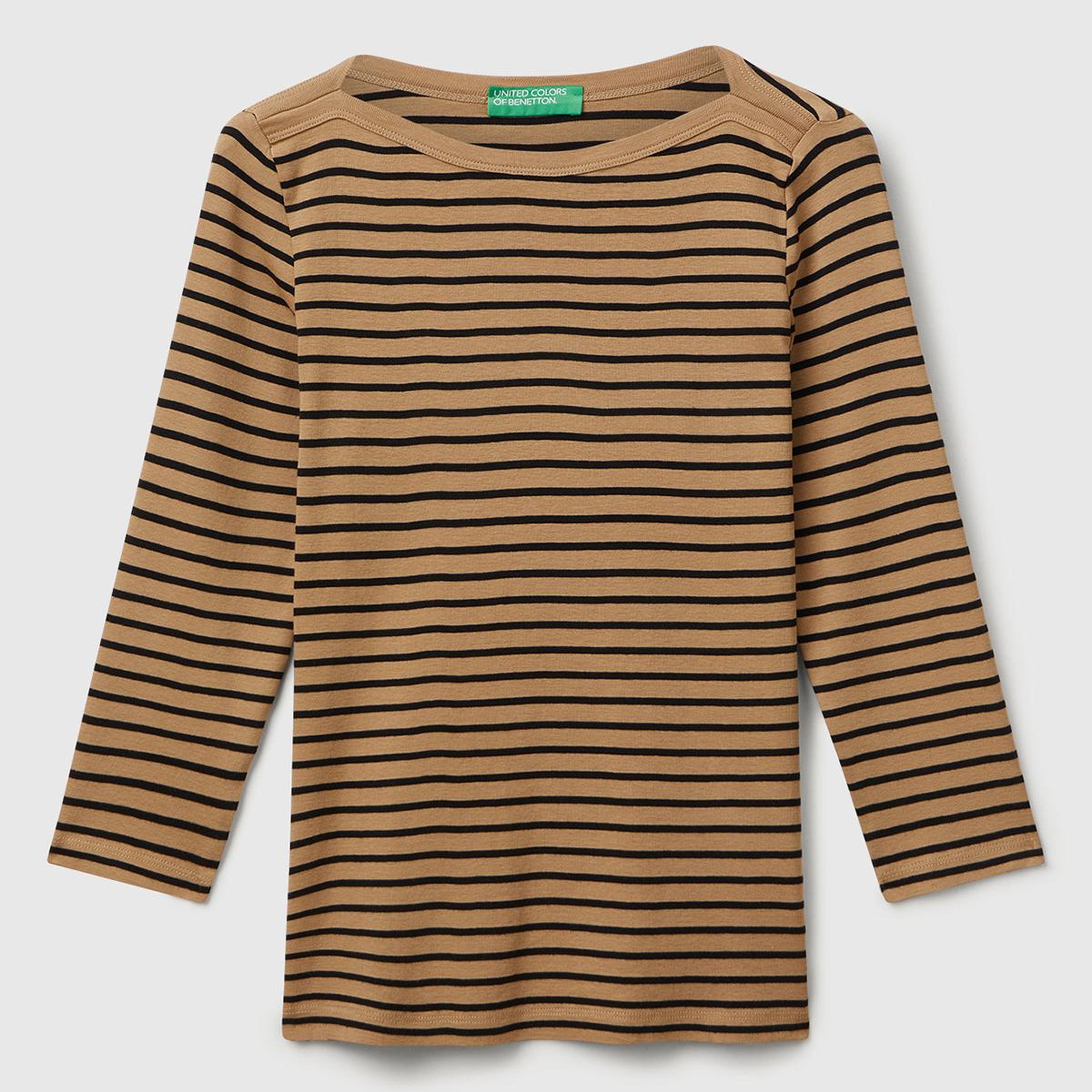 Kadın Kahverengi %100 Pamuk Çizgili Logolu Kayık Yaka Truvakar Kol T-Shirt
