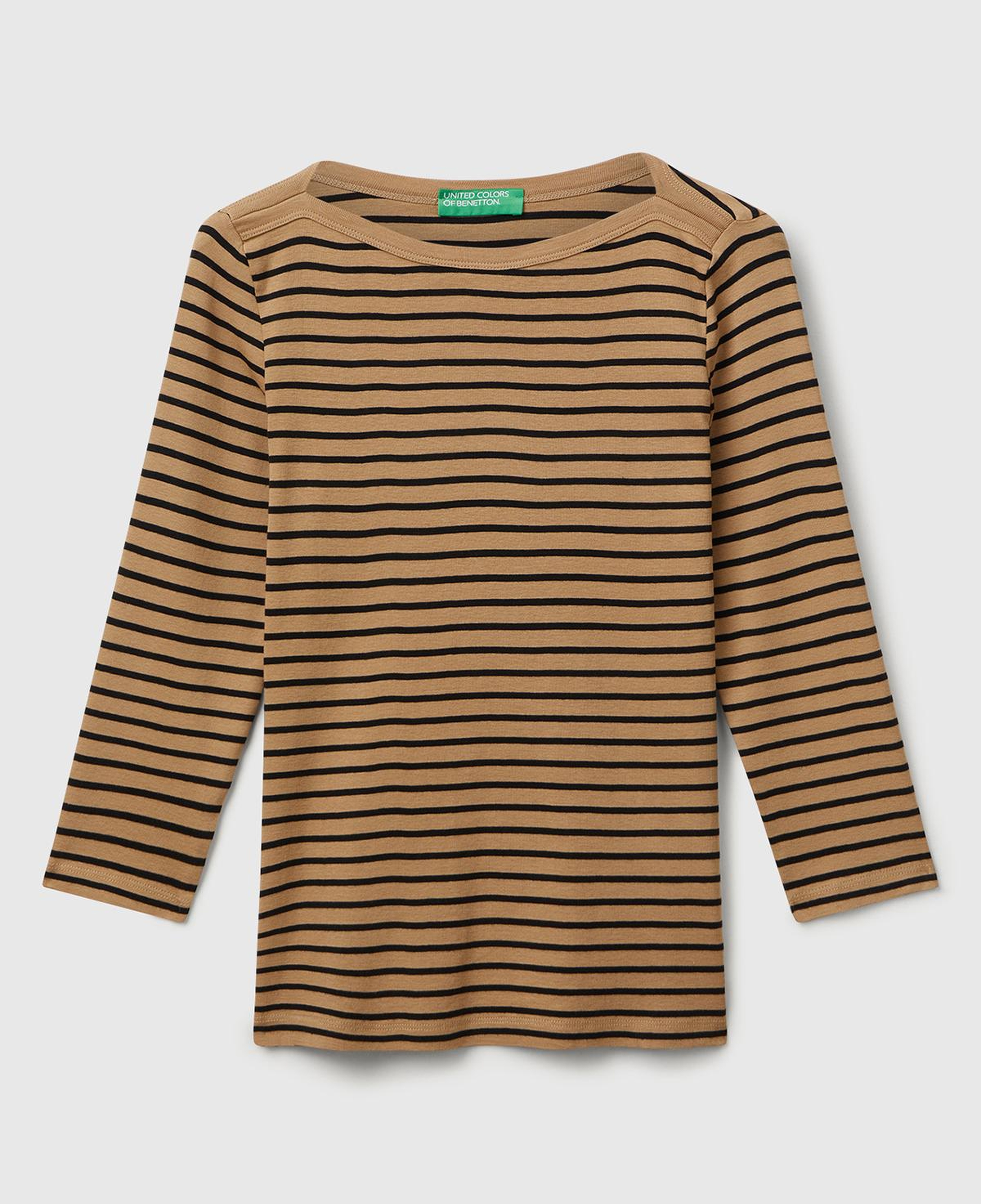 Kadın Kahverengi  %100 Pamuk Çizgili Logolu Kayık Yaka Truvakar Kol T-Shirt