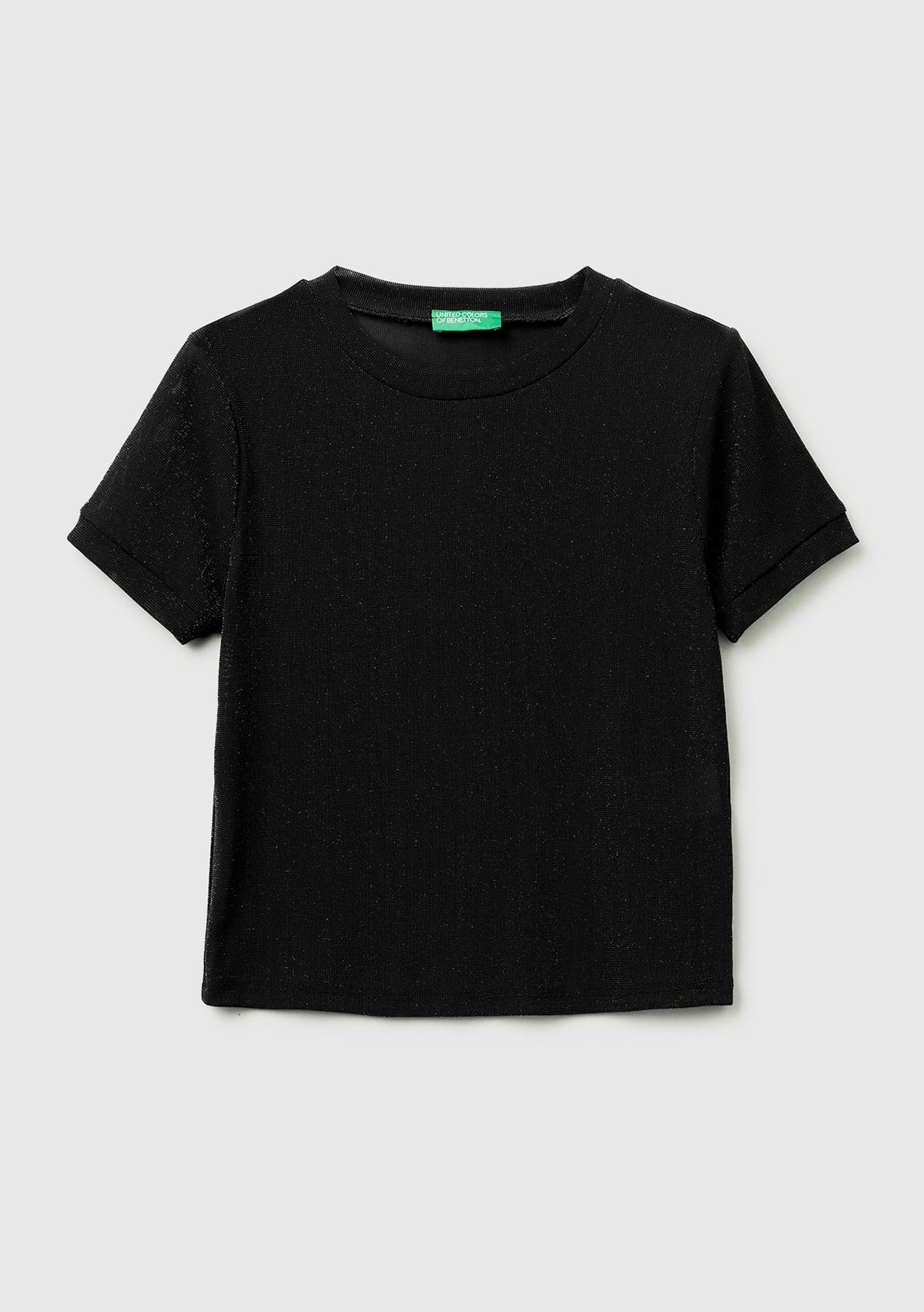 Kadın Sİyah Simli Bisiklet Yaka Slim Fit T-Shirt