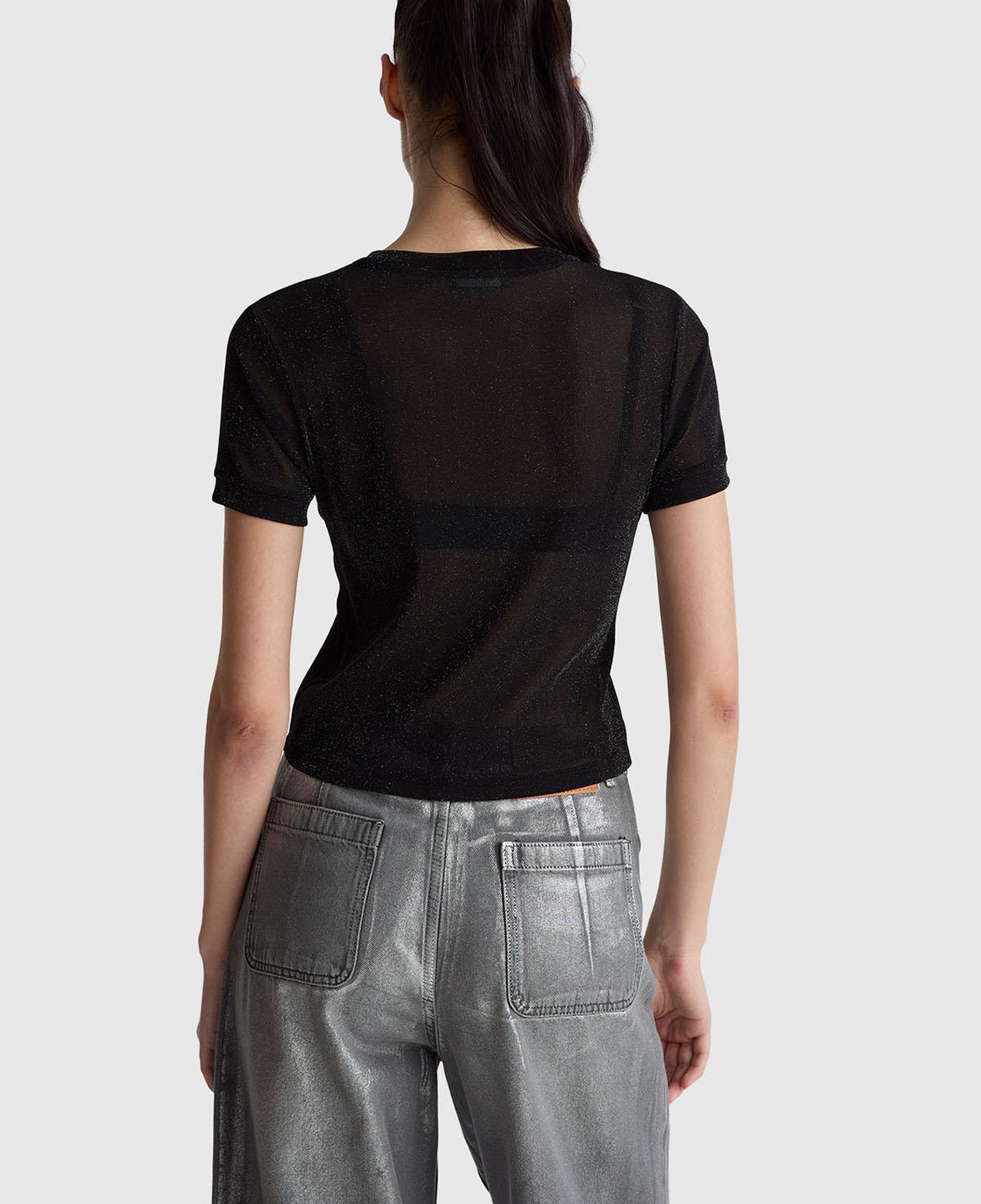 Kadın Sİyah Simli Bisiklet Yaka Slim Fit T-Shirt