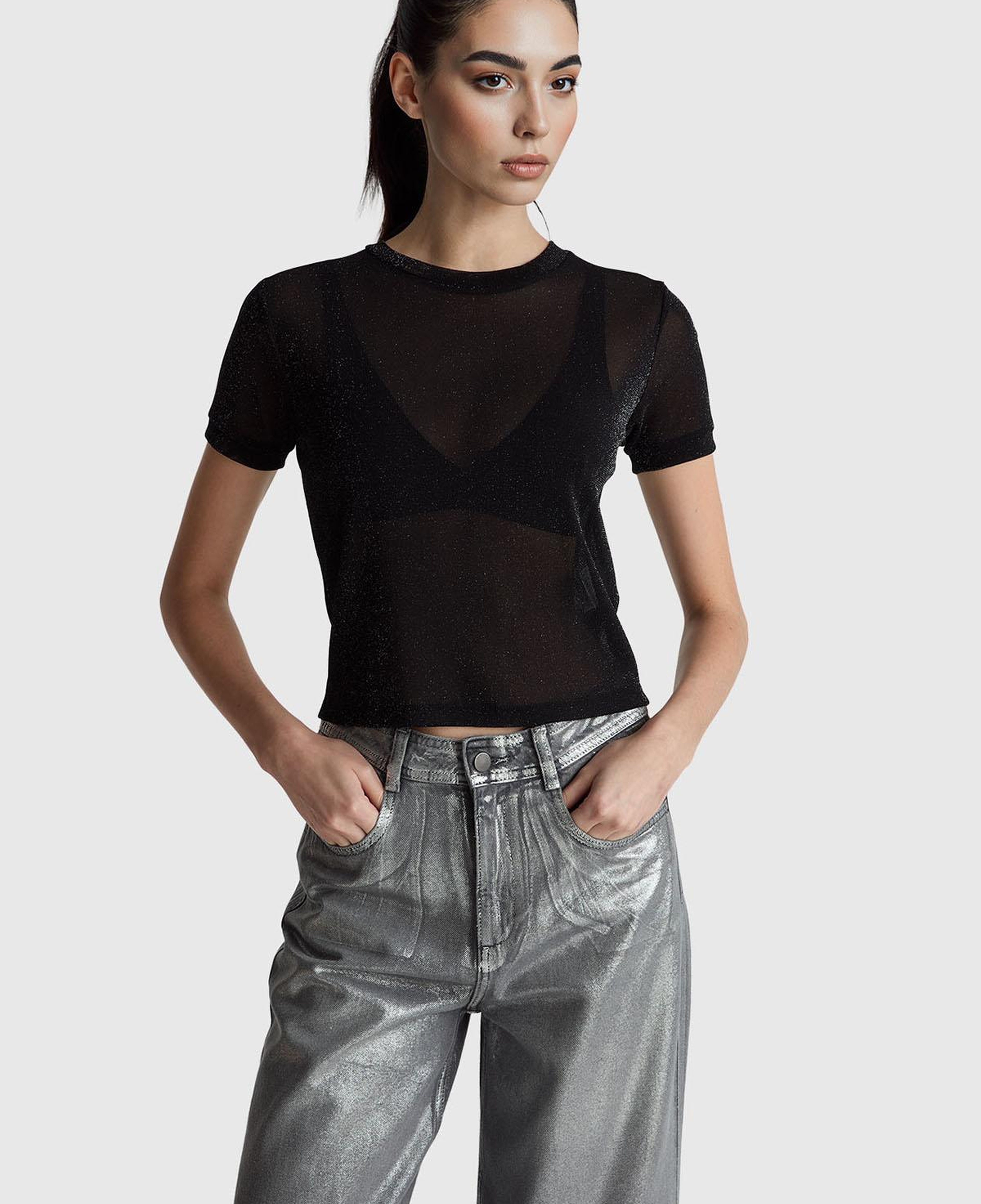 Kadın Sİyah Simli Bisiklet Yaka Slim Fit T-Shirt