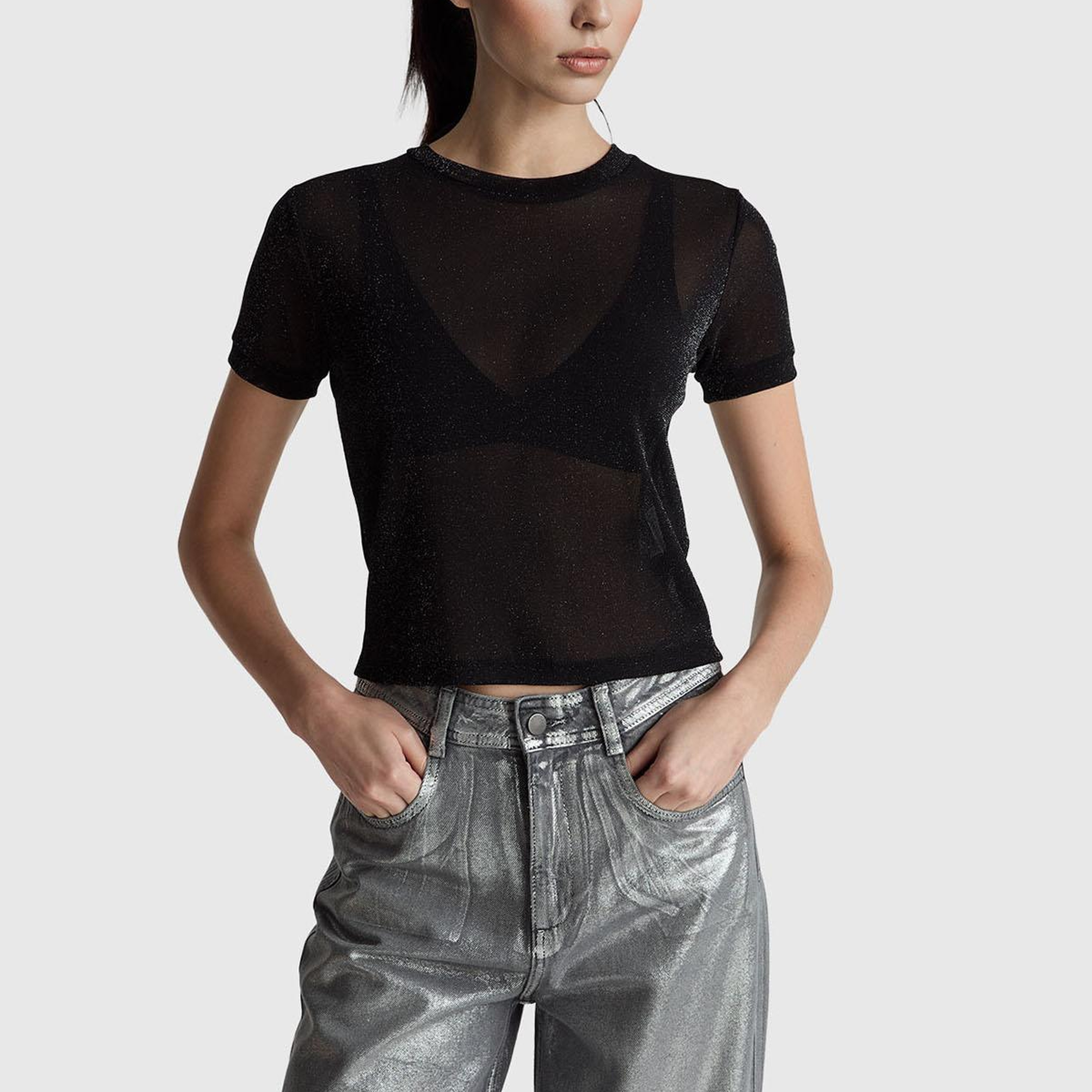 Kadın Sİyah Simli Bisiklet Yaka Slim Fit T-Shirt