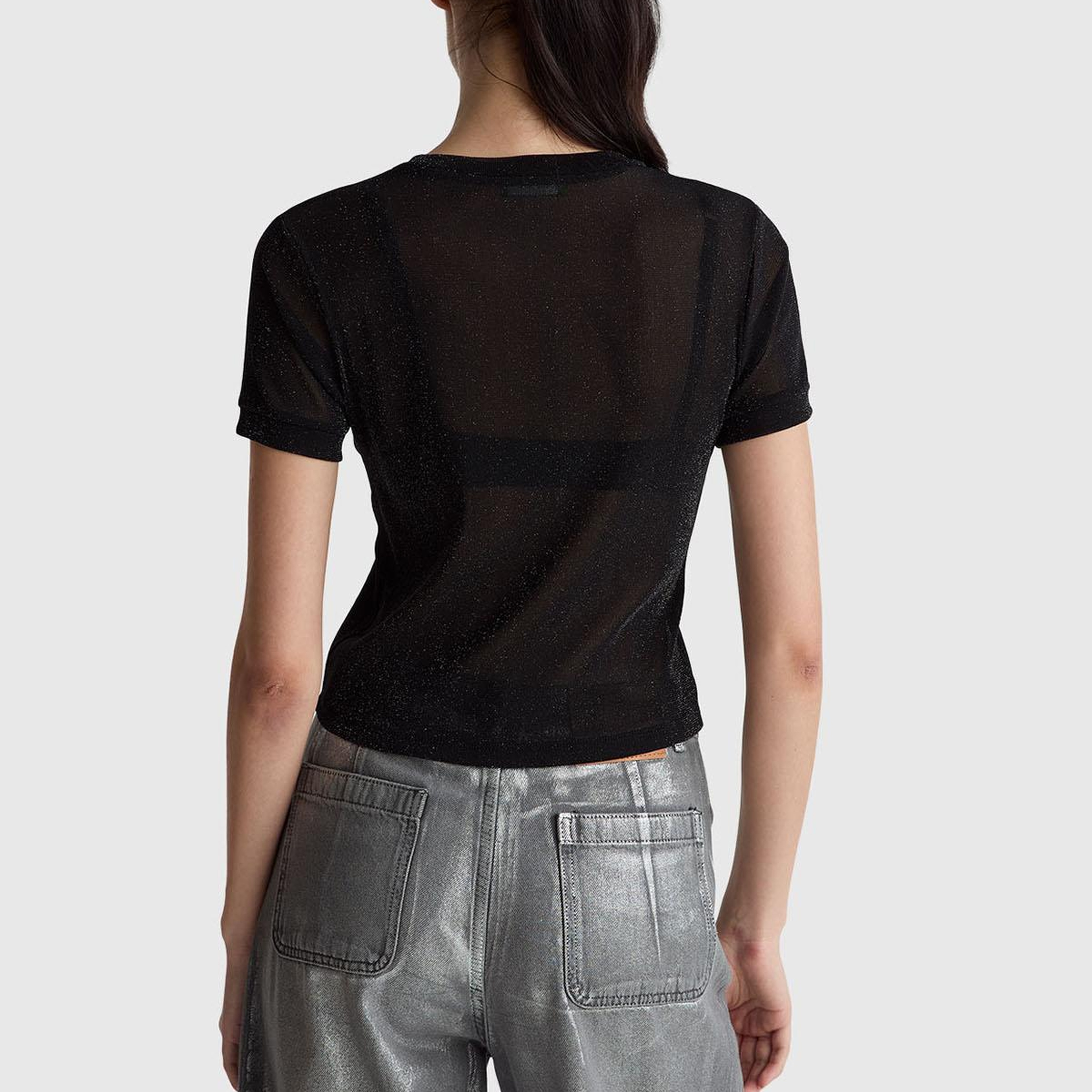 Kadın Sİyah Simli Bisiklet Yaka Slim Fit T-Shirt