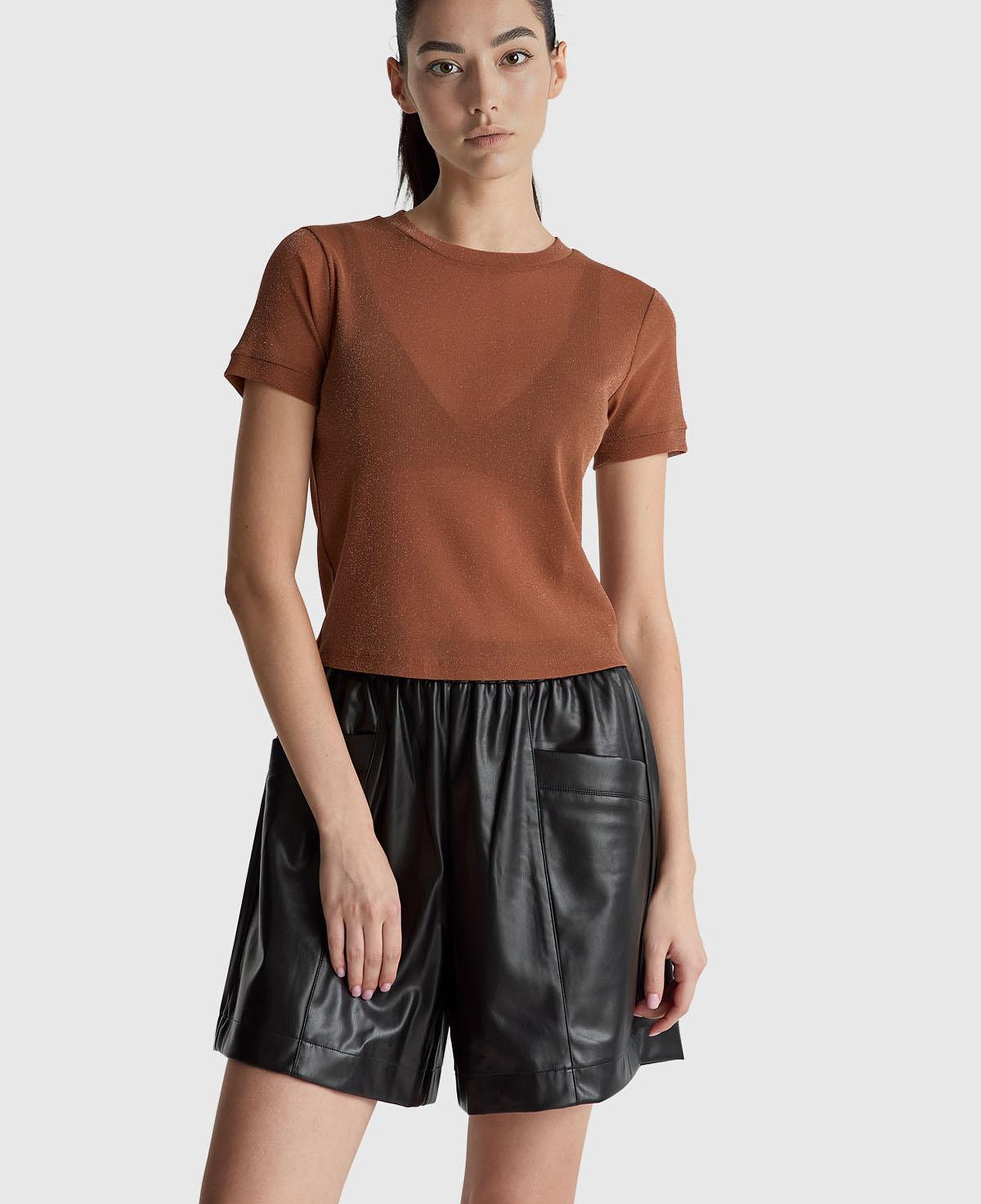 Kadın Koyu Kahverengi Simli Bisiklet Yaka Slim Fit T-Shirt