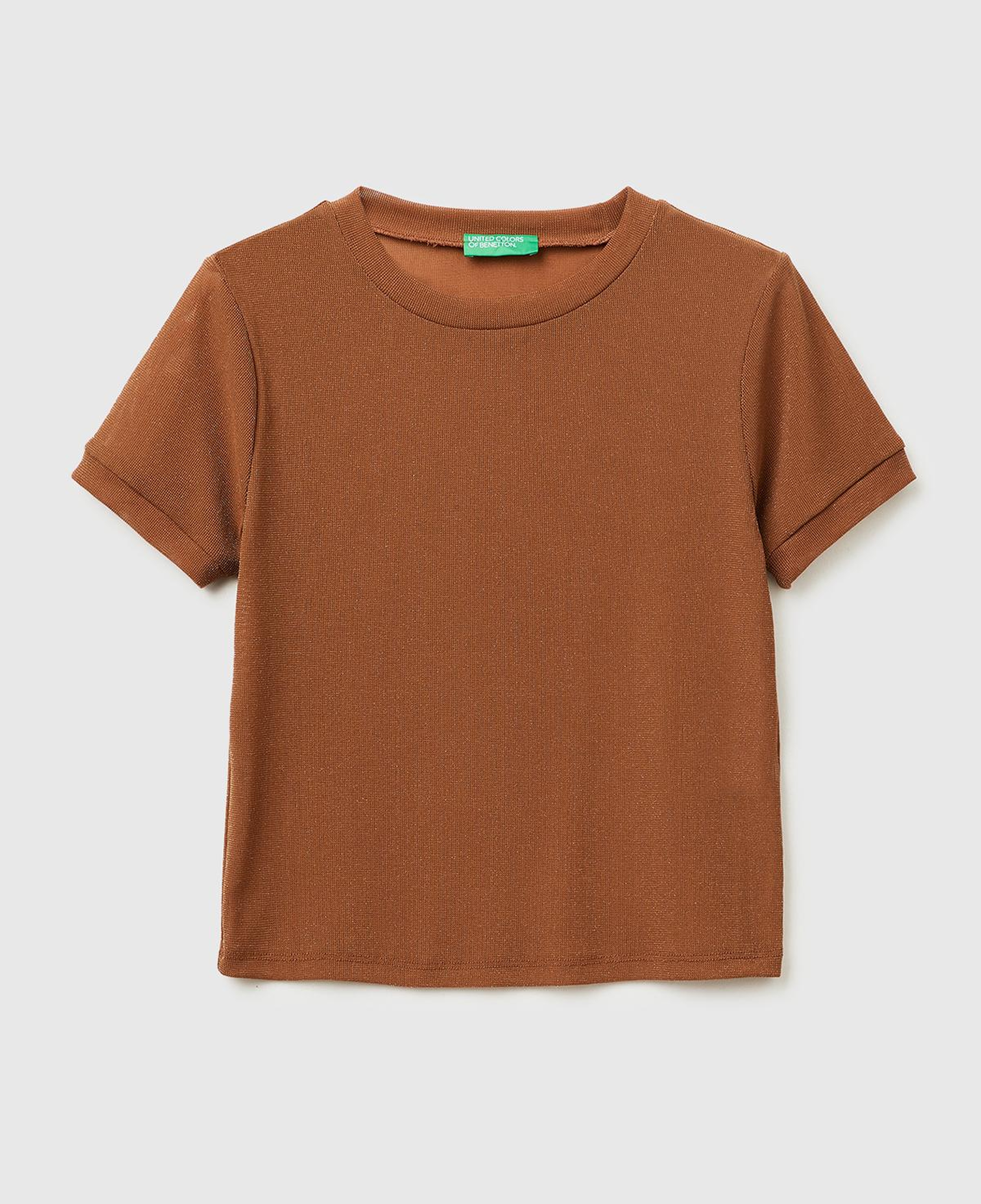 Kadın Koyu Kahverengi Simli Bisiklet Yaka Slim Fit T-Shirt