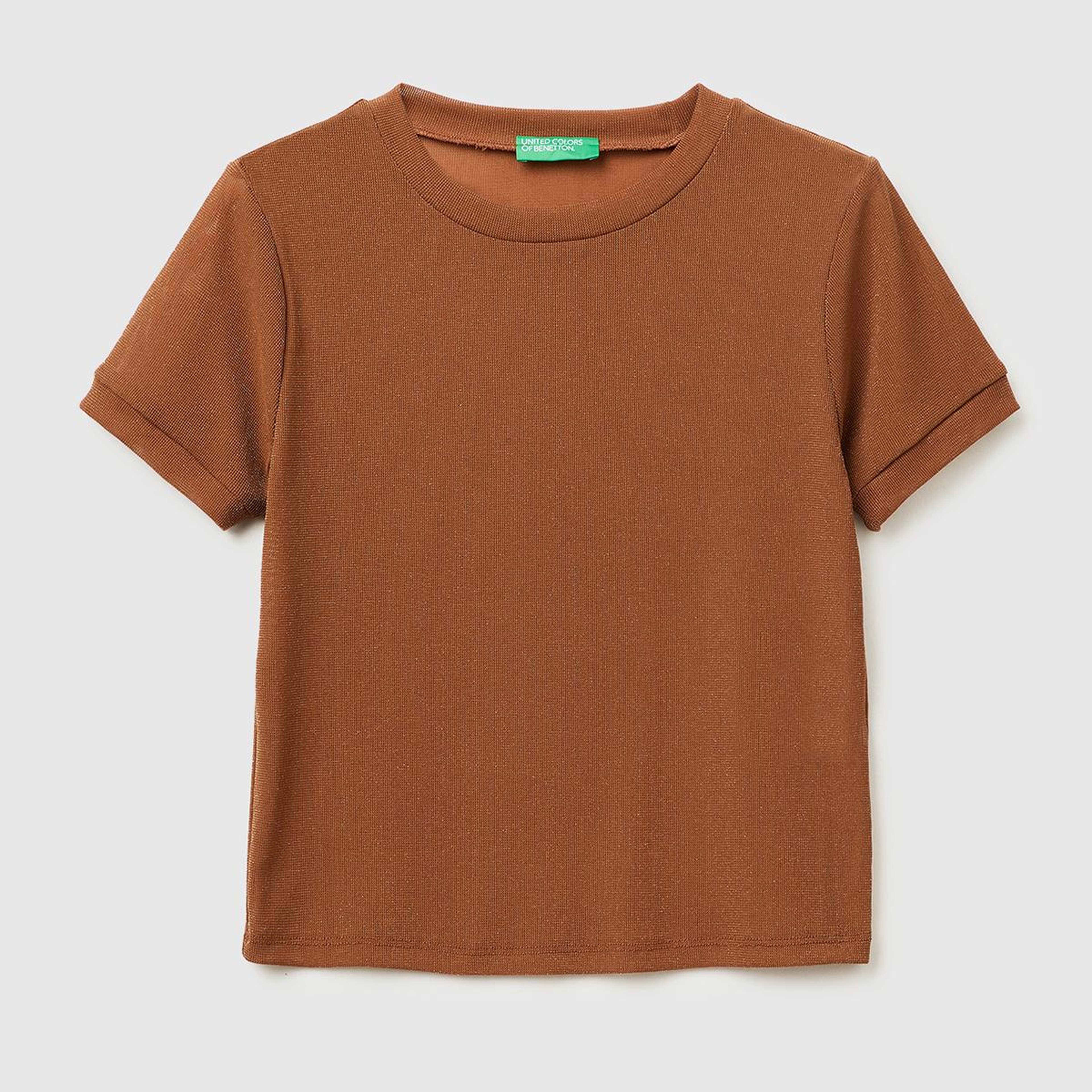 Kadın Koyu Kahverengi Simli Bisiklet Yaka Slim Fit T-Shirt