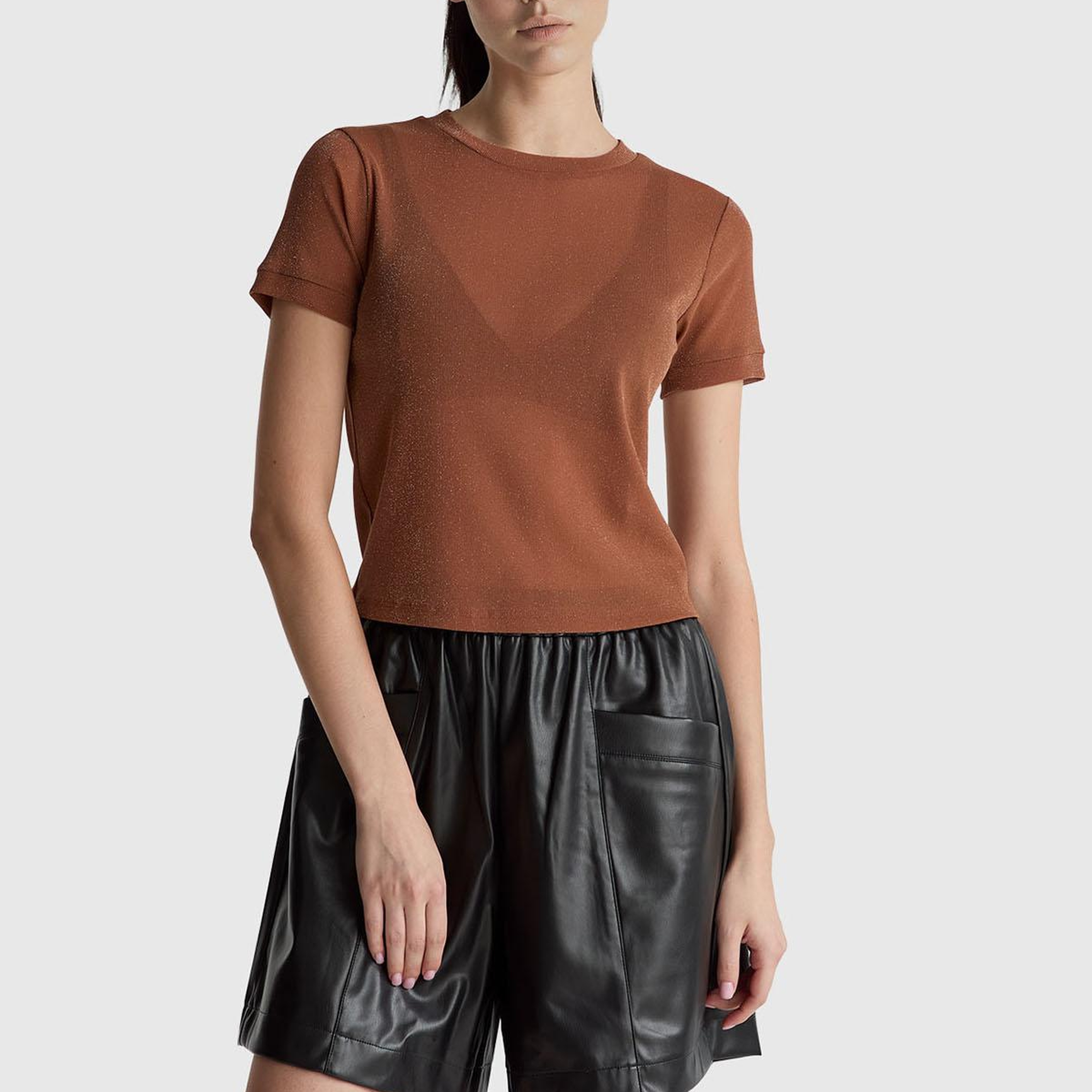 Kadın Koyu Kahverengi Simli Bisiklet Yaka Slim Fit T-Shirt
