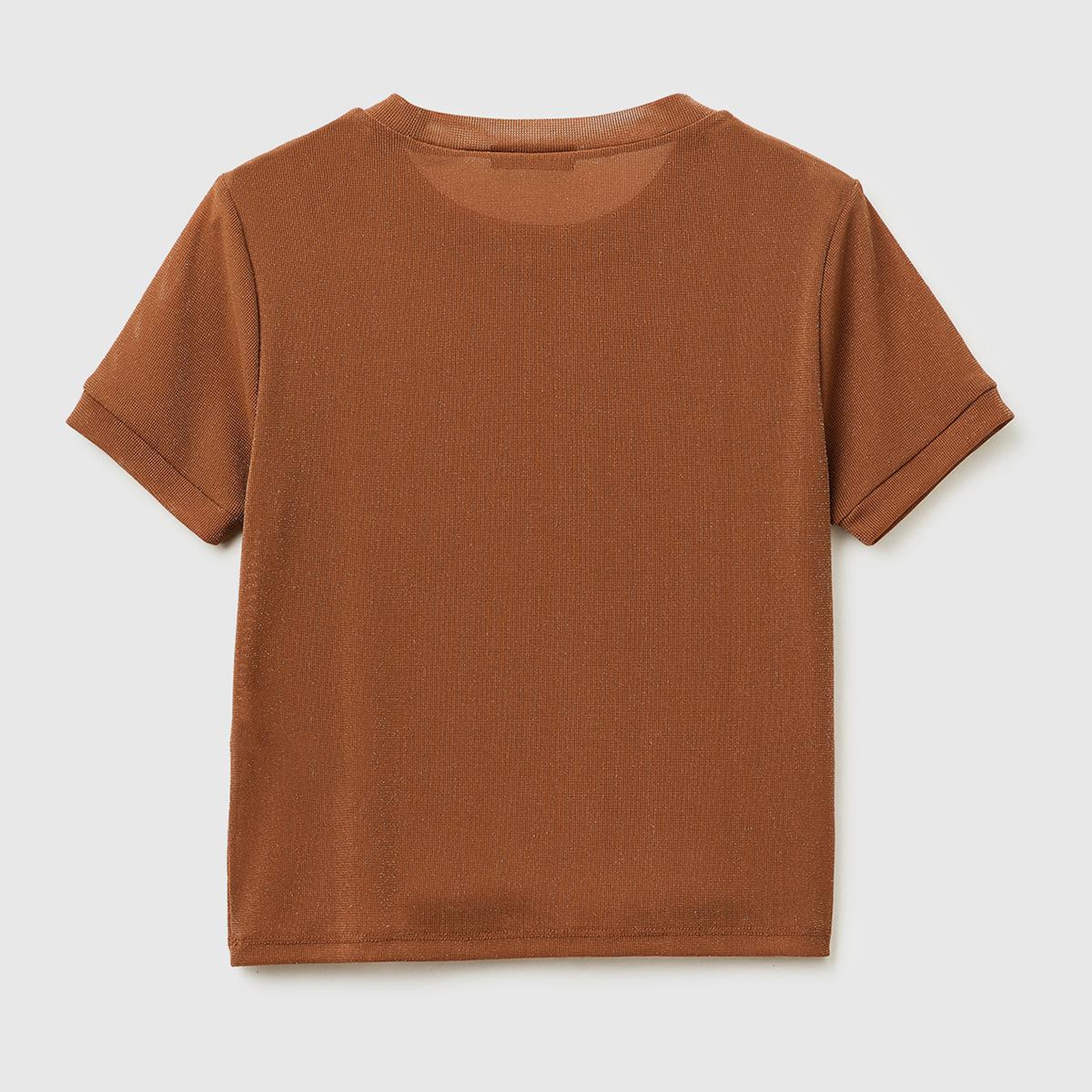 Kadın Koyu Kahverengi Simli Bisiklet Yaka Slim Fit T-Shirt