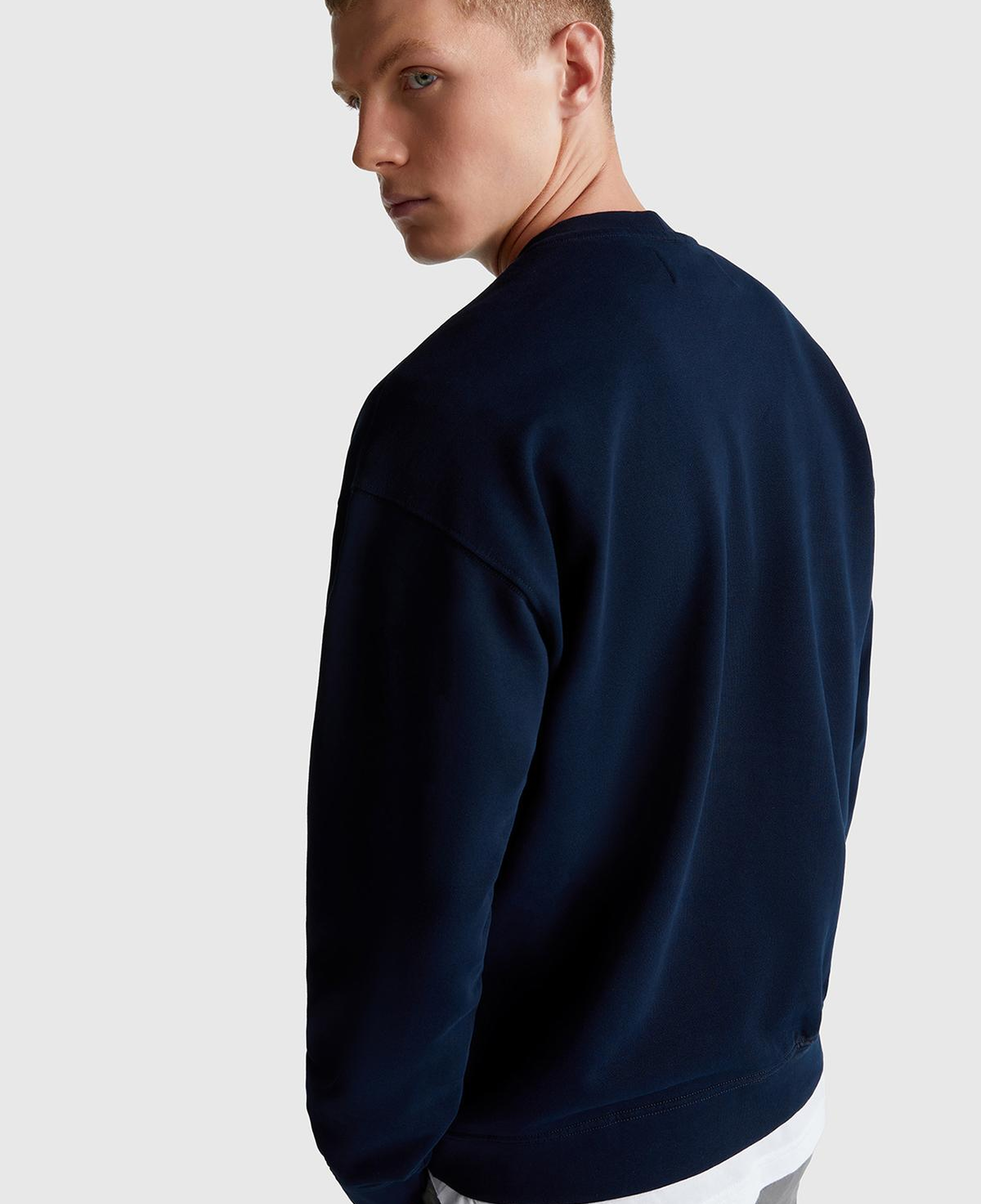 Erkek Lacivert %100 Pamuk Önü Logo İşlemeli Bisiklet Yaka Sweatshirt