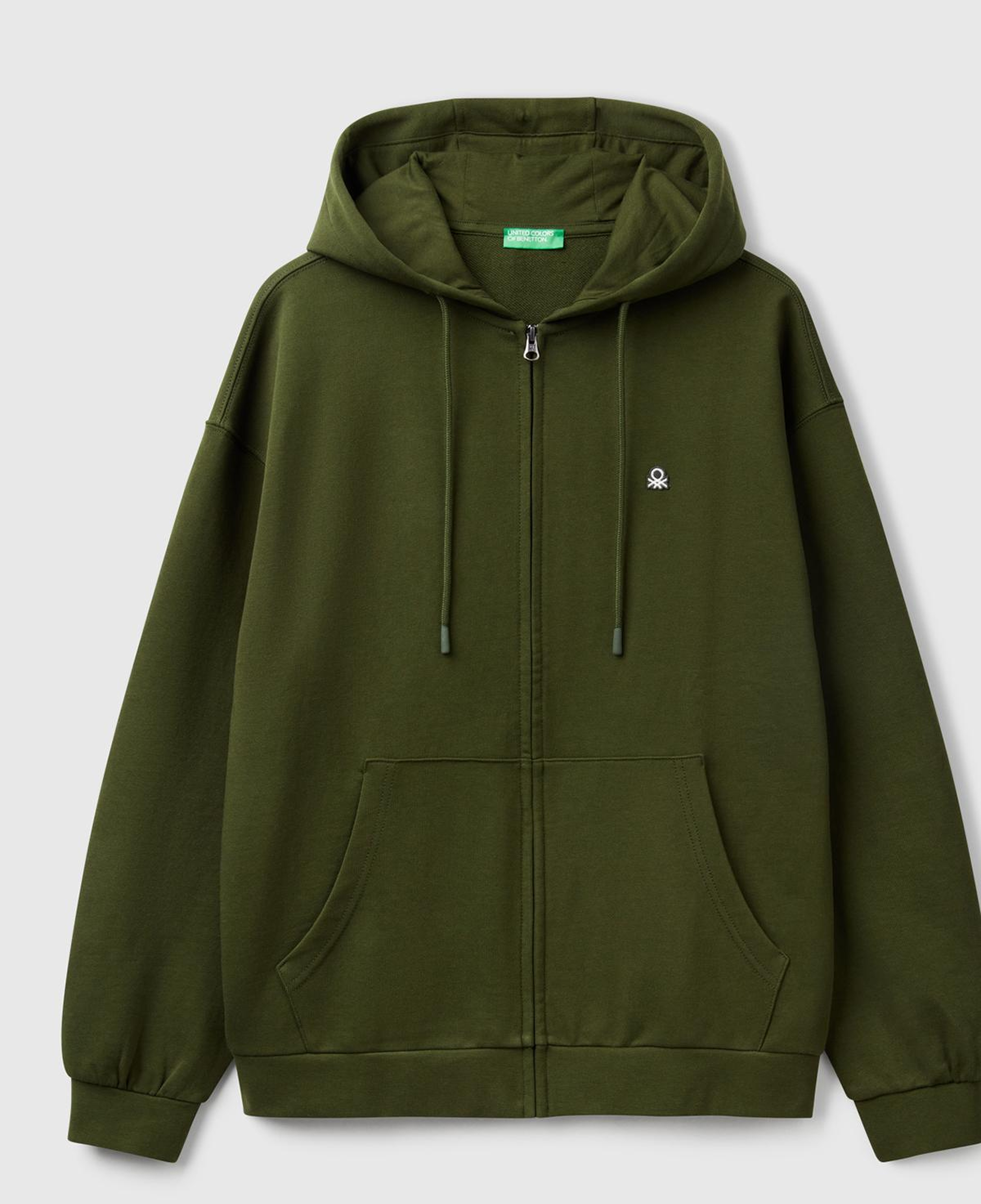 Erkek Haki Yeşilli %100 Pamuk Dar Kesim Fermuarlı Kapüşonlu Sweatshirt