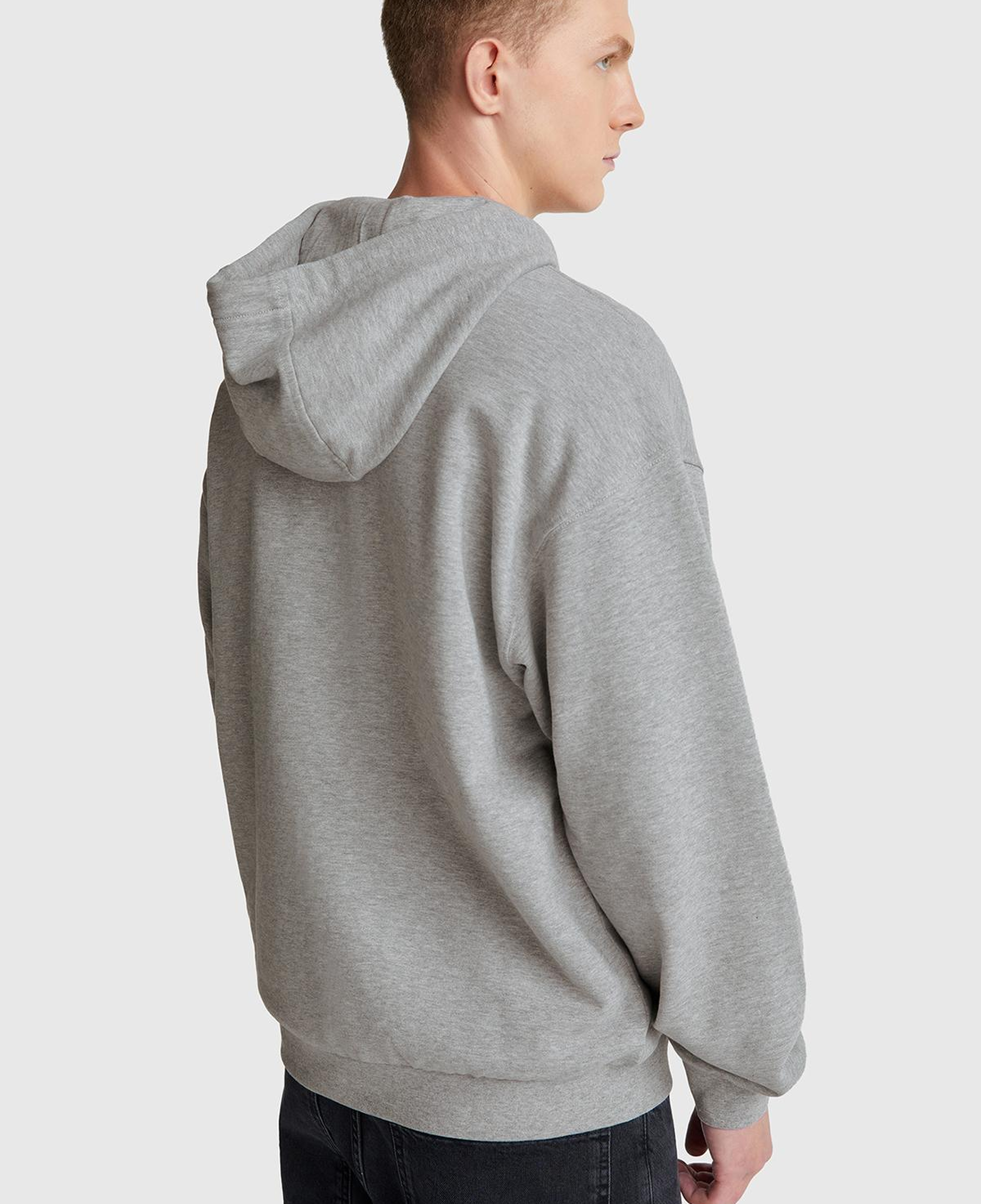 Erkek Gri Melanj %100 Pamuk Dar Kesim Fermuarlı Kapüşonlu Sweatshirt