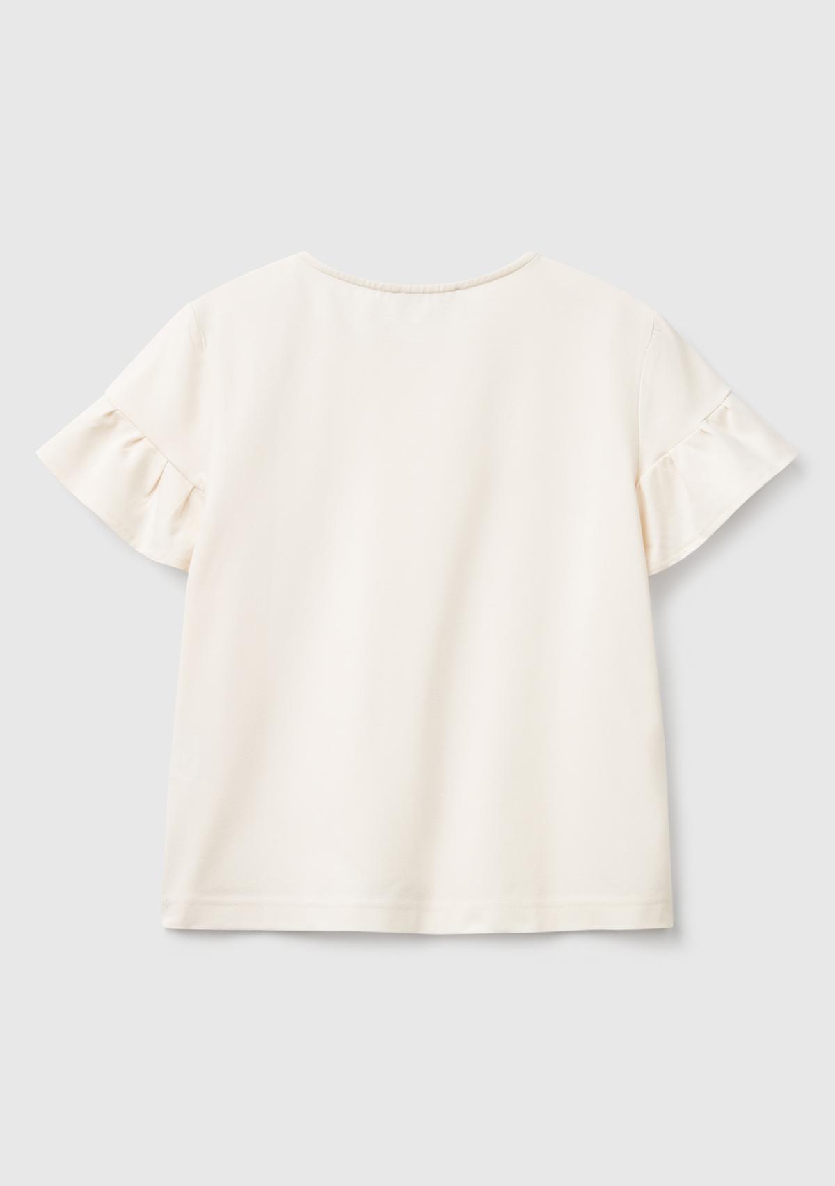 Kadın Krem Koton Karışımlı Kolları Fırfır Detaylı T-Shirt