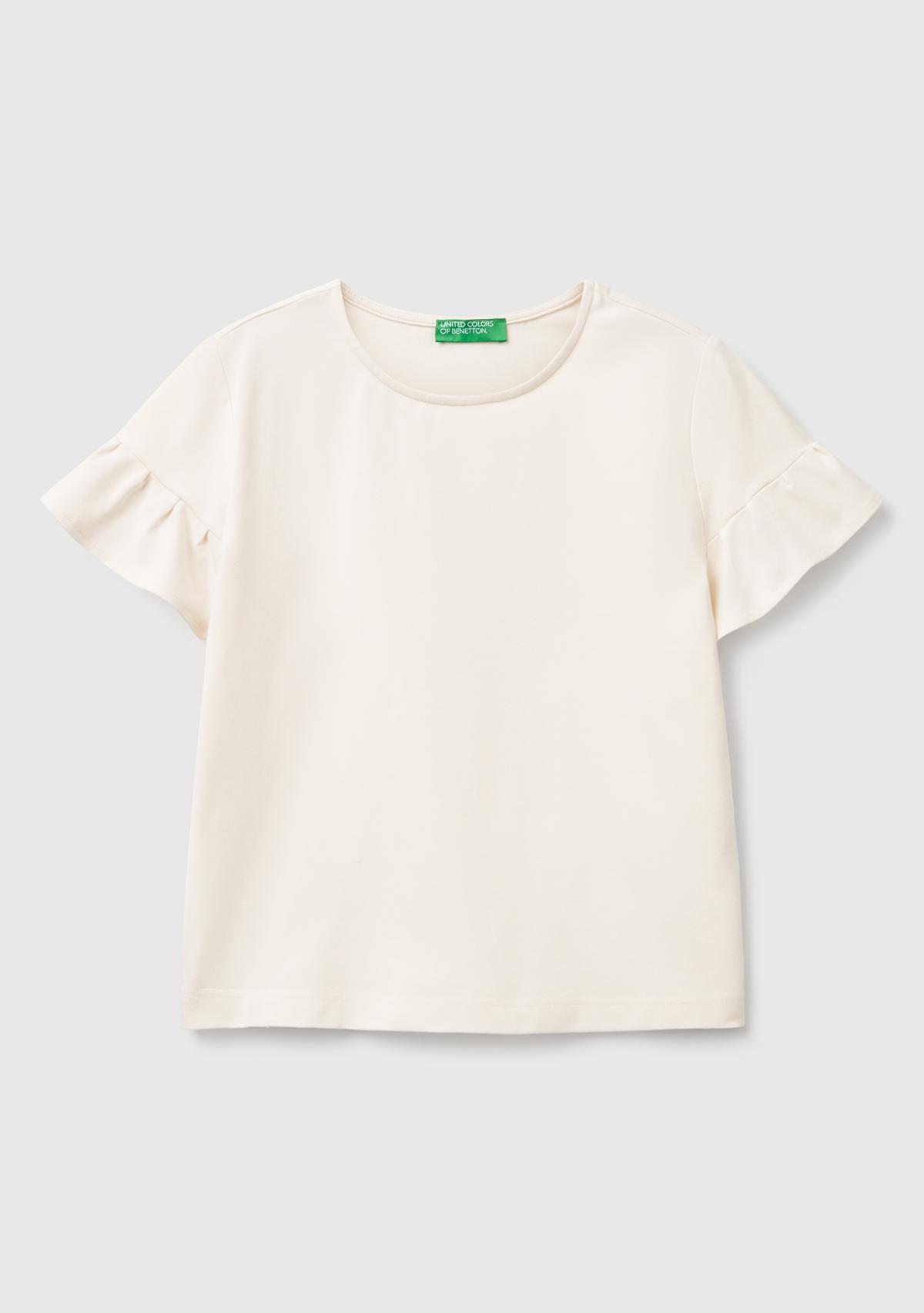 Kadın Krem Koton Karışımlı Kolları Fırfır Detaylı T-Shirt