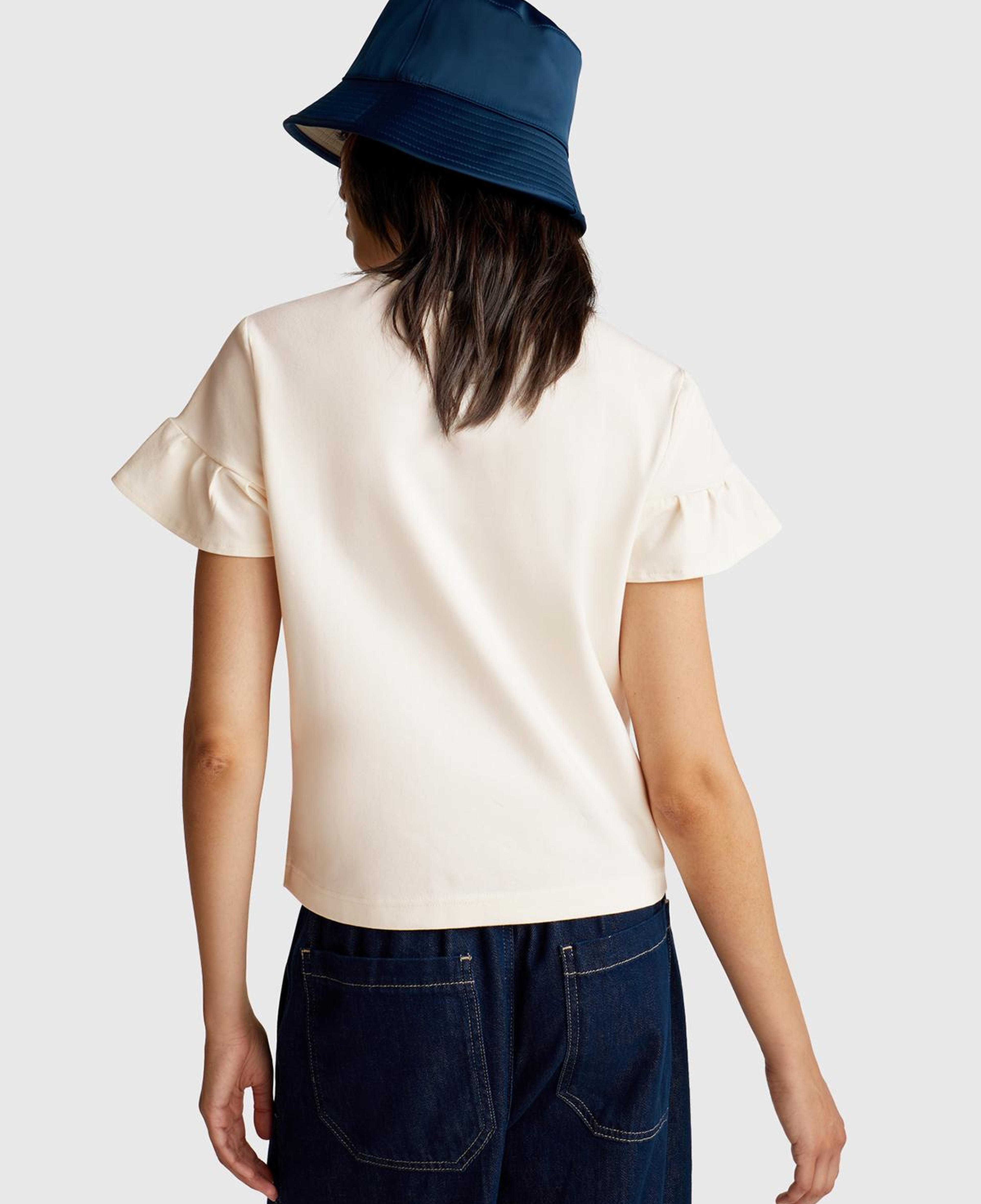 Kadın Krem Koton Karışımlı Kolları Fırfır Detaylı T-Shirt
