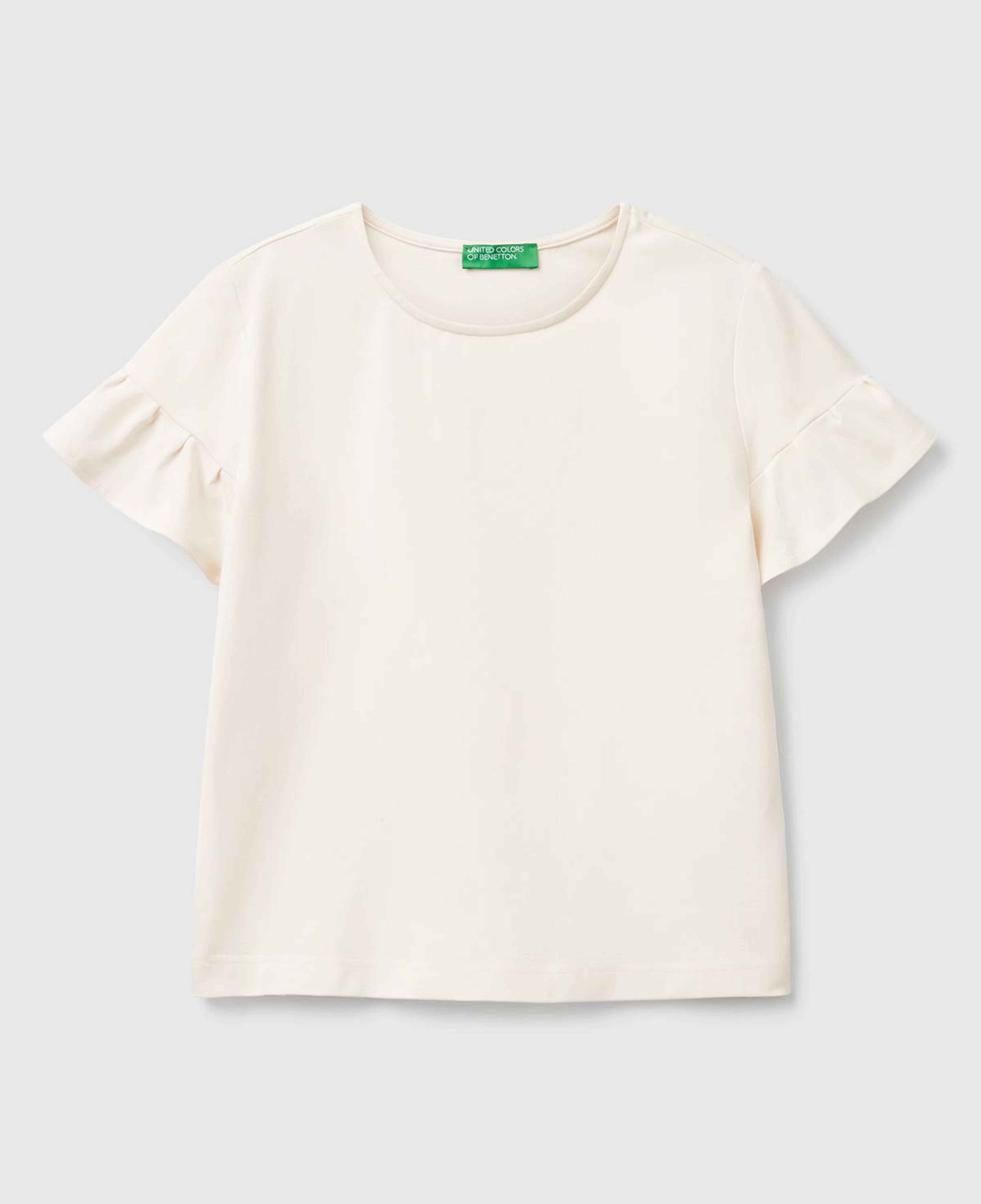 Kadın Krem Koton Karışımlı Kolları Fırfır Detaylı T-Shirt