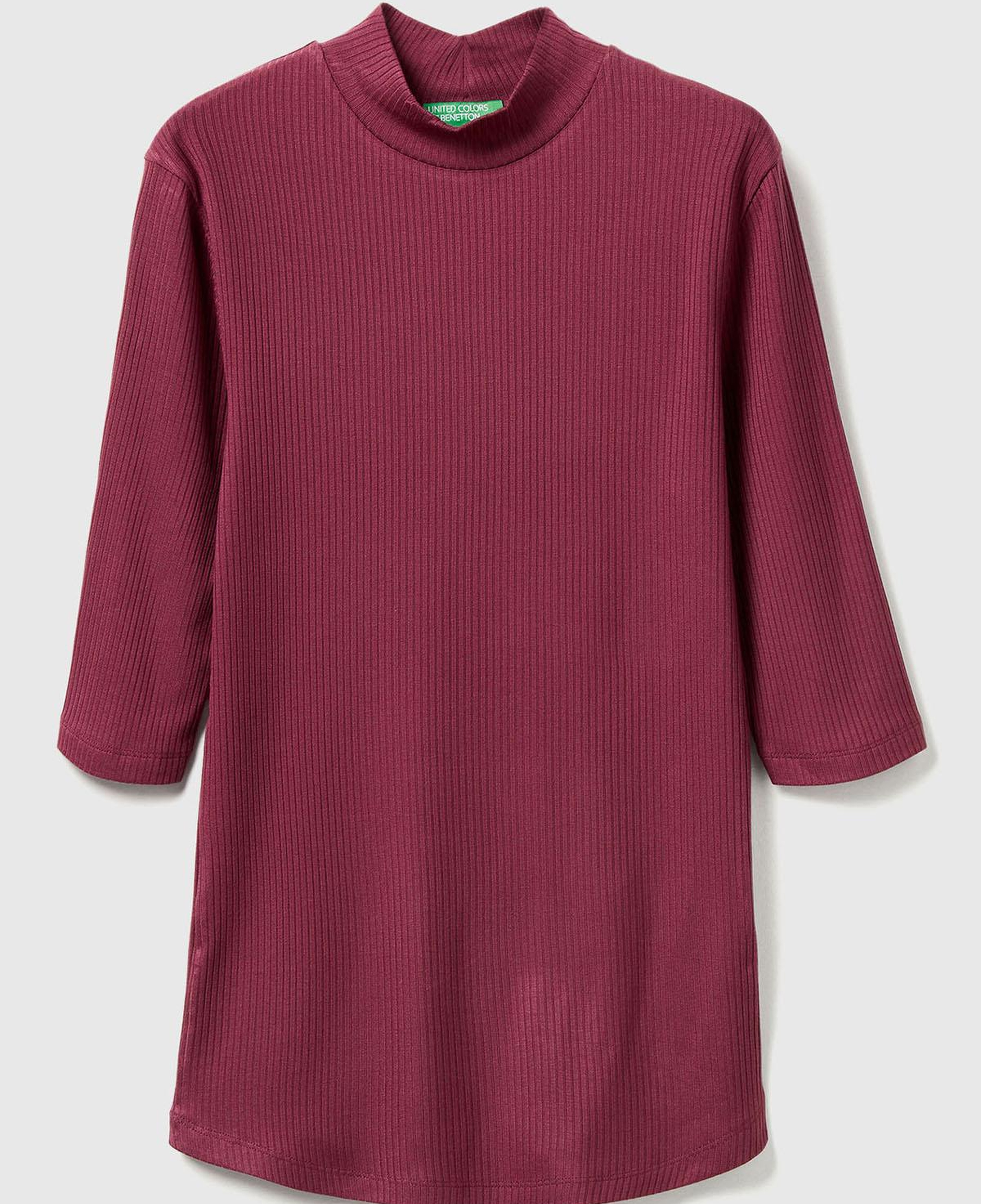 Kadın Mürdüm Liyosel Karşımlı Yarım Kol Slim Fit Dik Yaka T-Shirt