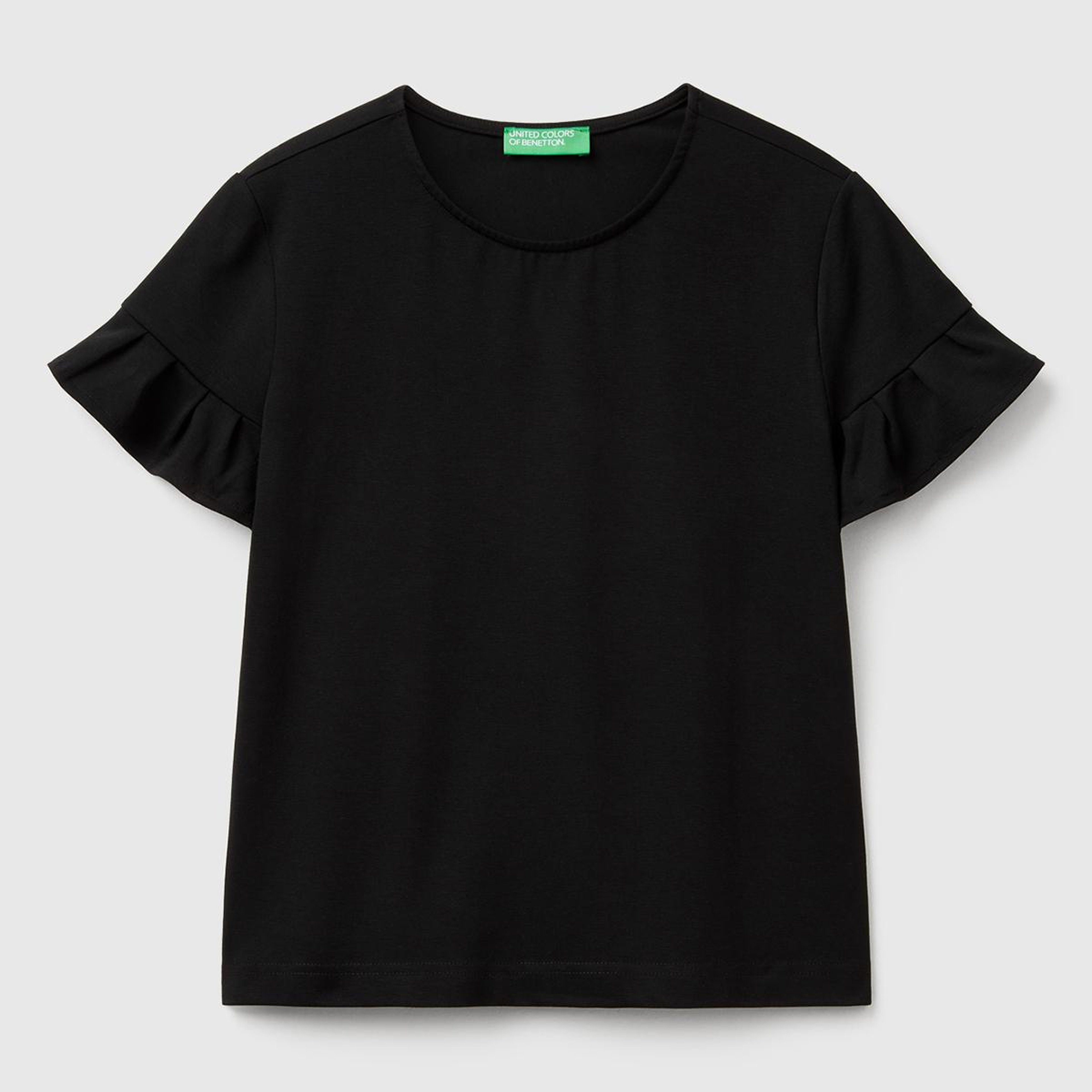 Kadın Siyah Koton Karışımlı Kolları Fırfır Detaylı T-Shirt