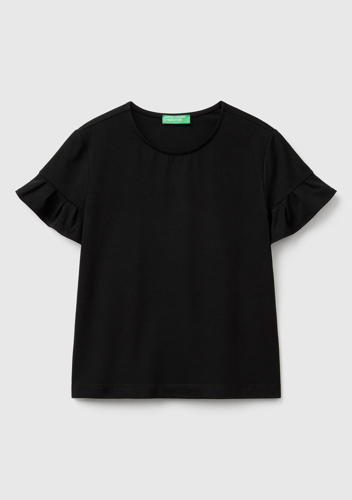Kadın Siyah Koton Karışımlı Kolları Fırfır Detaylı T-Shirt