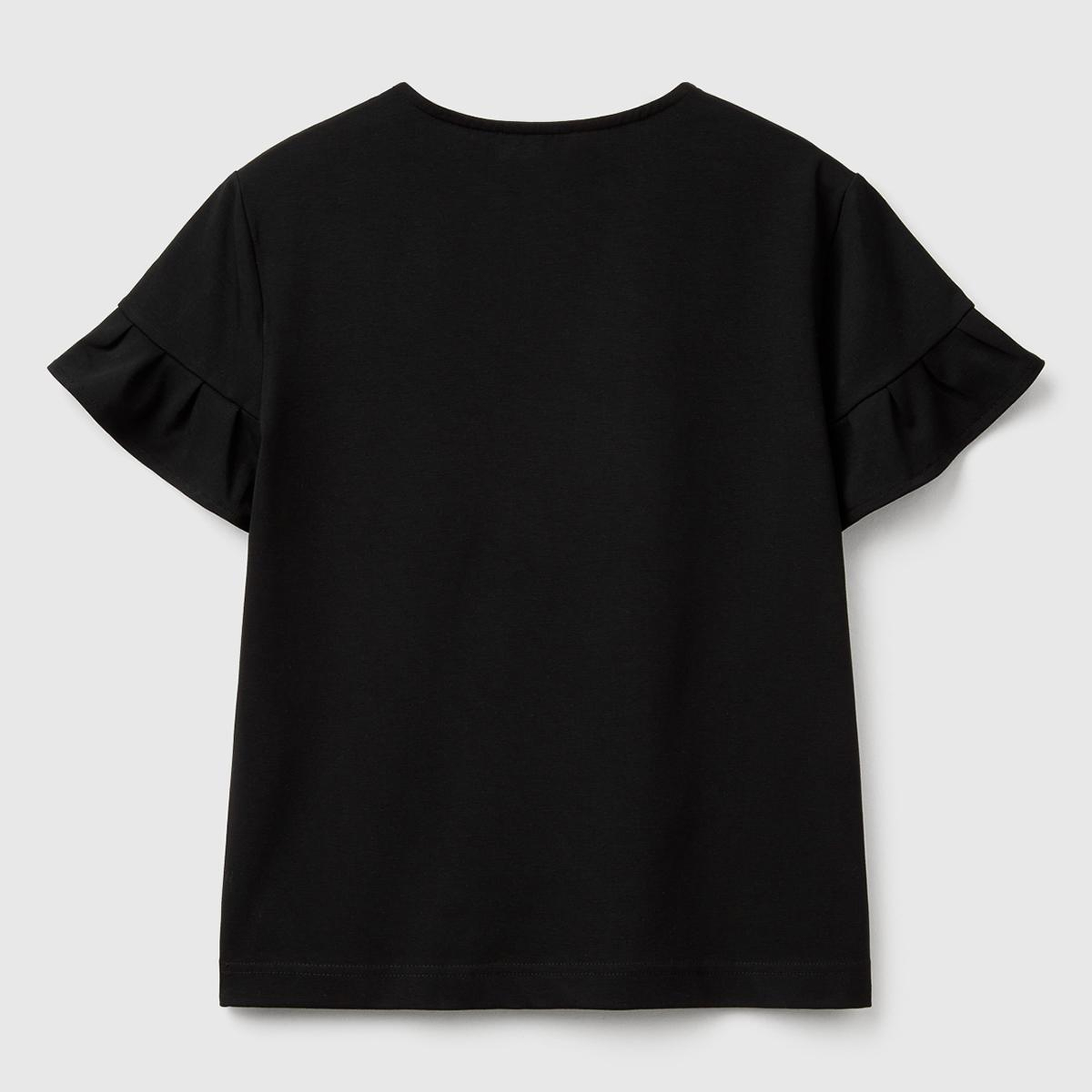 Kadın Siyah Koton Karışımlı Kolları Fırfır Detaylı T-Shirt