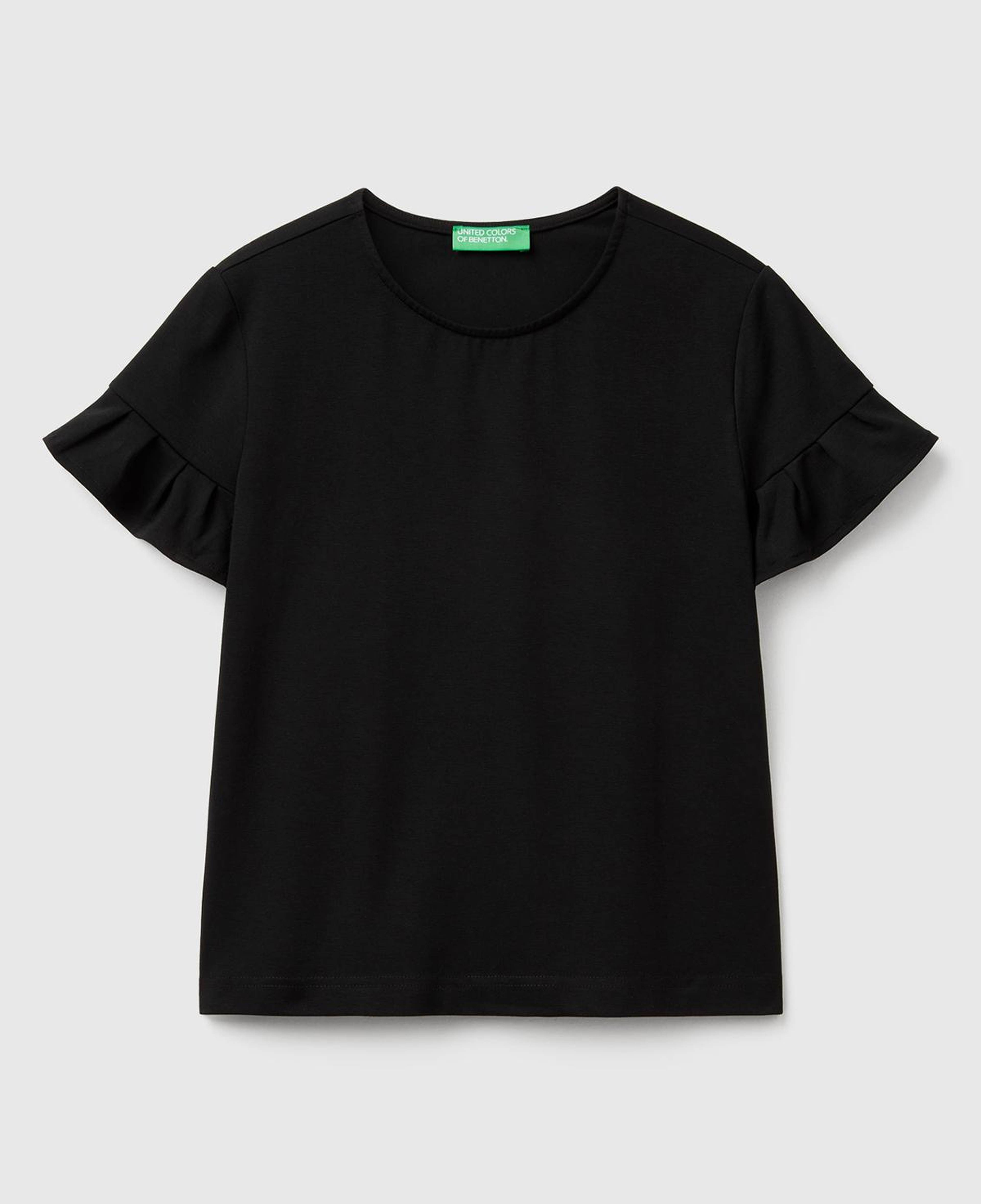 Kadın Siyah Koton Karışımlı Kolları Fırfır Detaylı T-Shirt