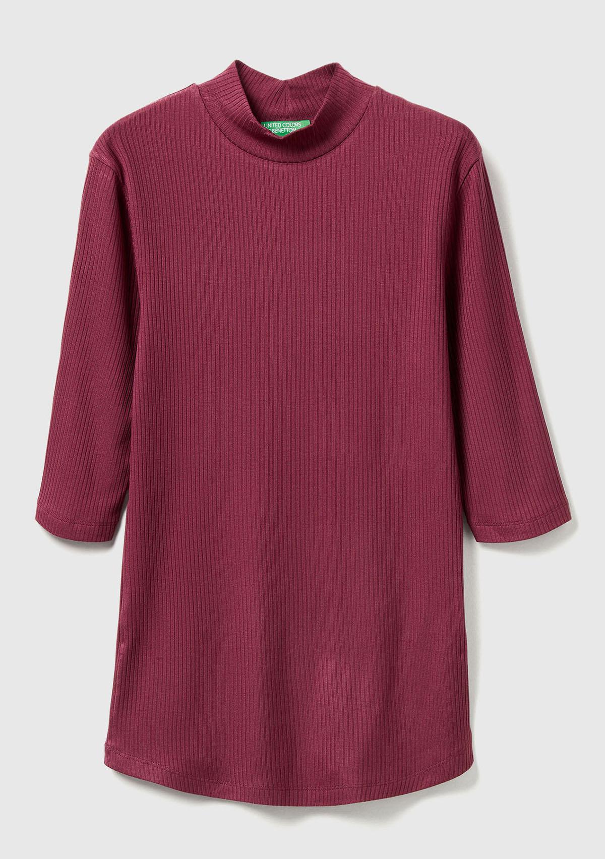 Kadın Mürdüm Liyosel Karşımlı Yarım Kol Slim Fit Dik Yaka T-Shirt